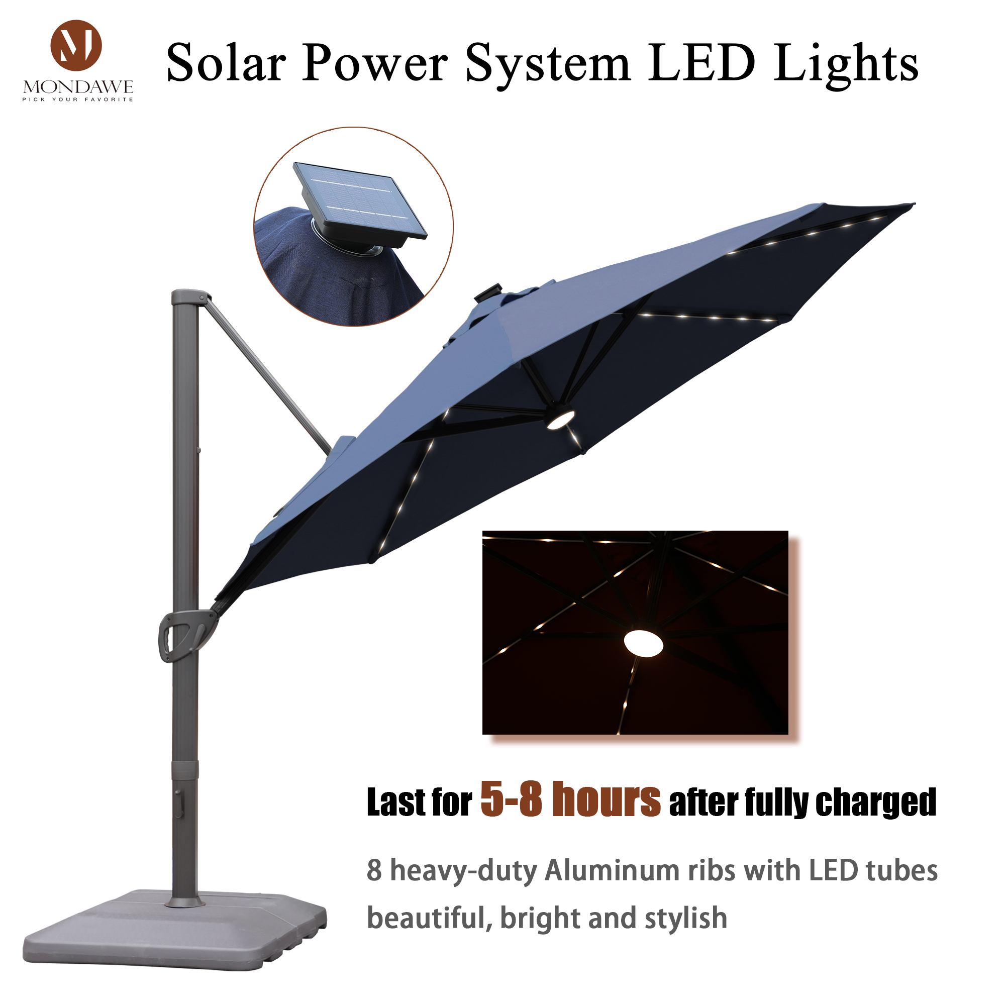 Mondawe 11 ft. Aluminum 360° Rotation Cantilever Patio Umbrella with Led Lights and Base for Balcony-Mondawe