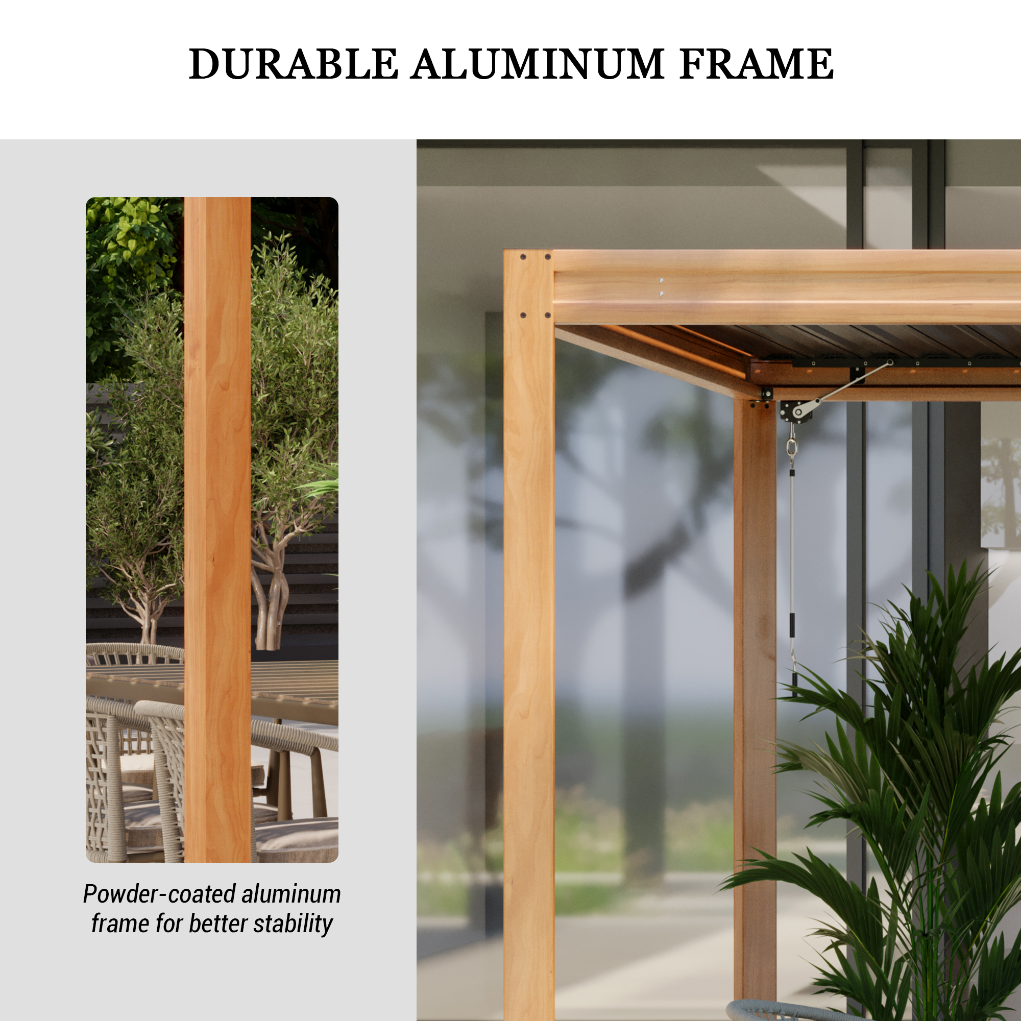 Louvered Pergola, Wood Grain Aluminum Pergola with Adjustable Roof, Wood Looking Aluminum Frame, Efficient Drainage System, Outdoor Pergola for Patio, Deck, Garden