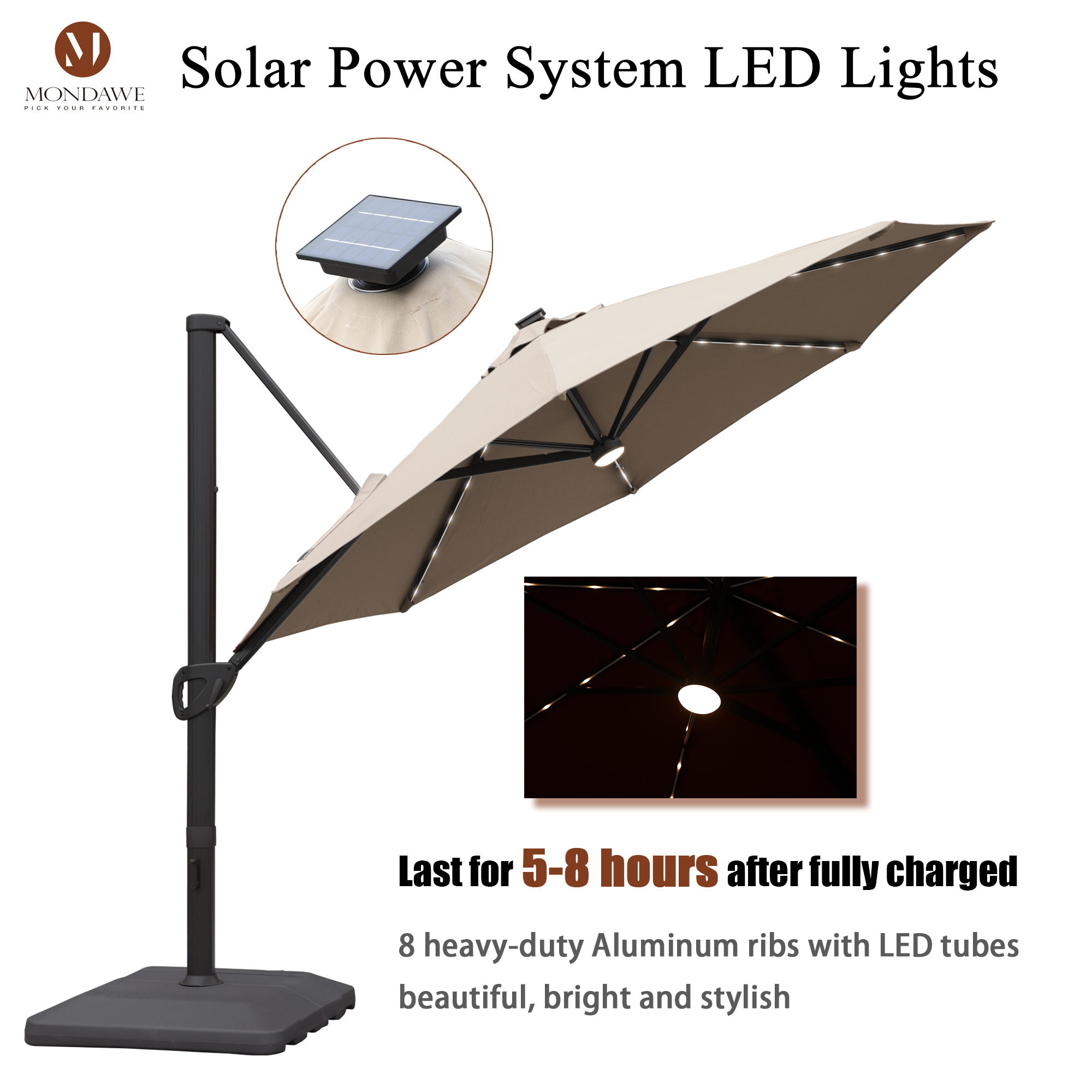 Mondawe 11 ft. Aluminum 360° Rotation Cantilever Patio Umbrella with Led Lights and Base for Balcony-Mondawe