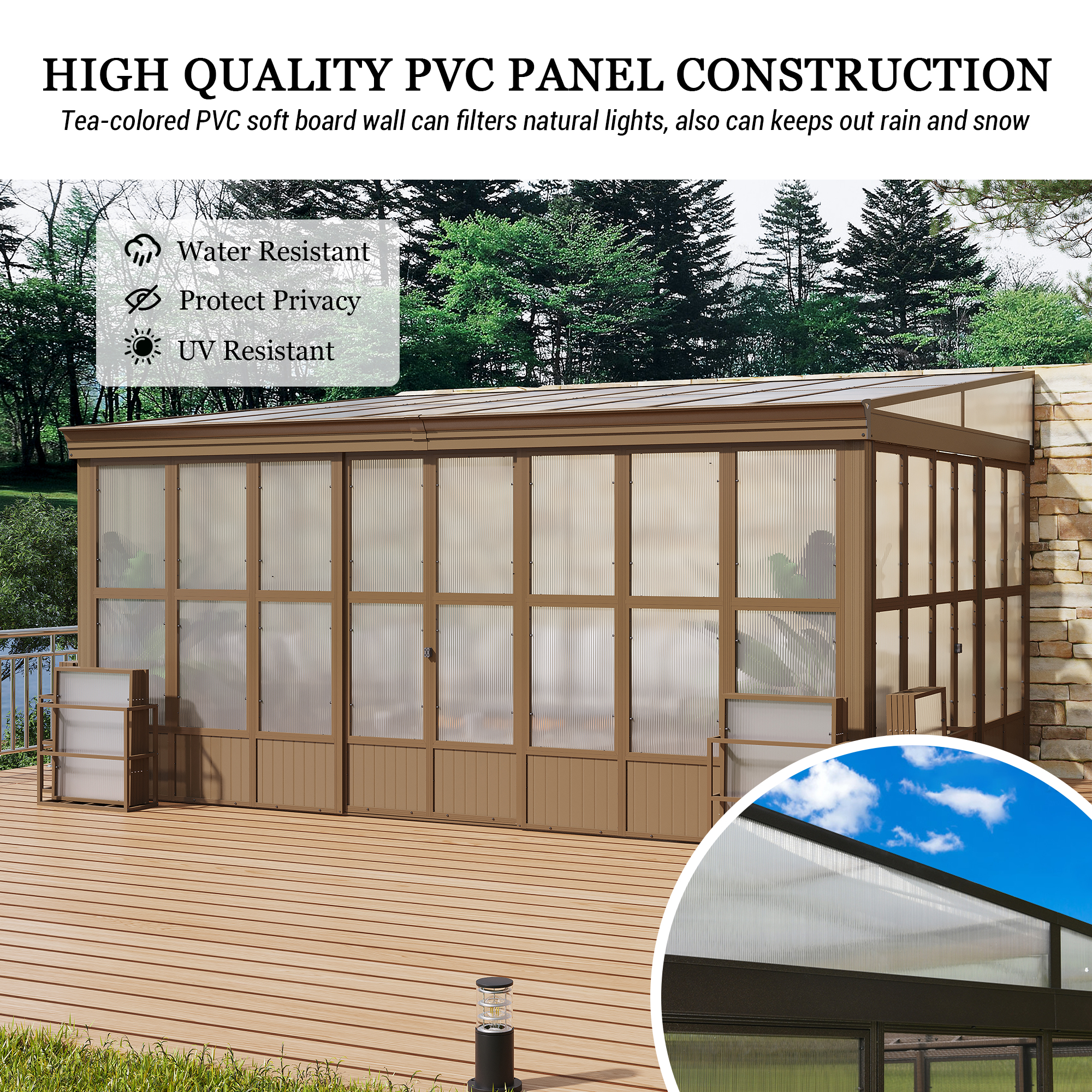 Wall Mounted Solarium with Sloping Polycarbonate Roof, Detachable Polycarbonate Screens, 2 Lockable Sliding Doors, Aluminum Gazebo Against Wall Sun Room for Patio Deck