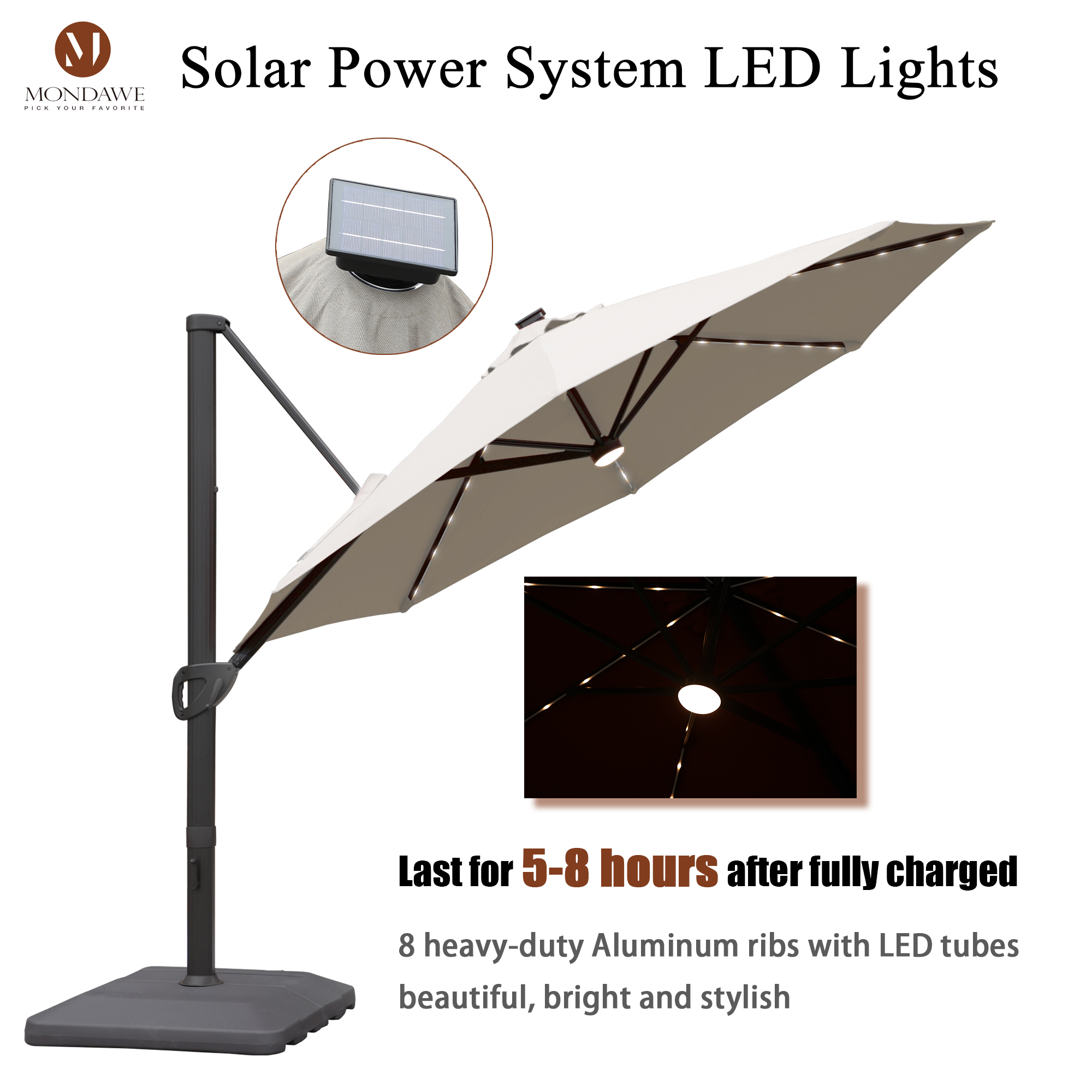 Mondawe 11 ft. Aluminum 360° Rotation Cantilever Patio Umbrella with Led Lights and Base for Balcony-Mondawe