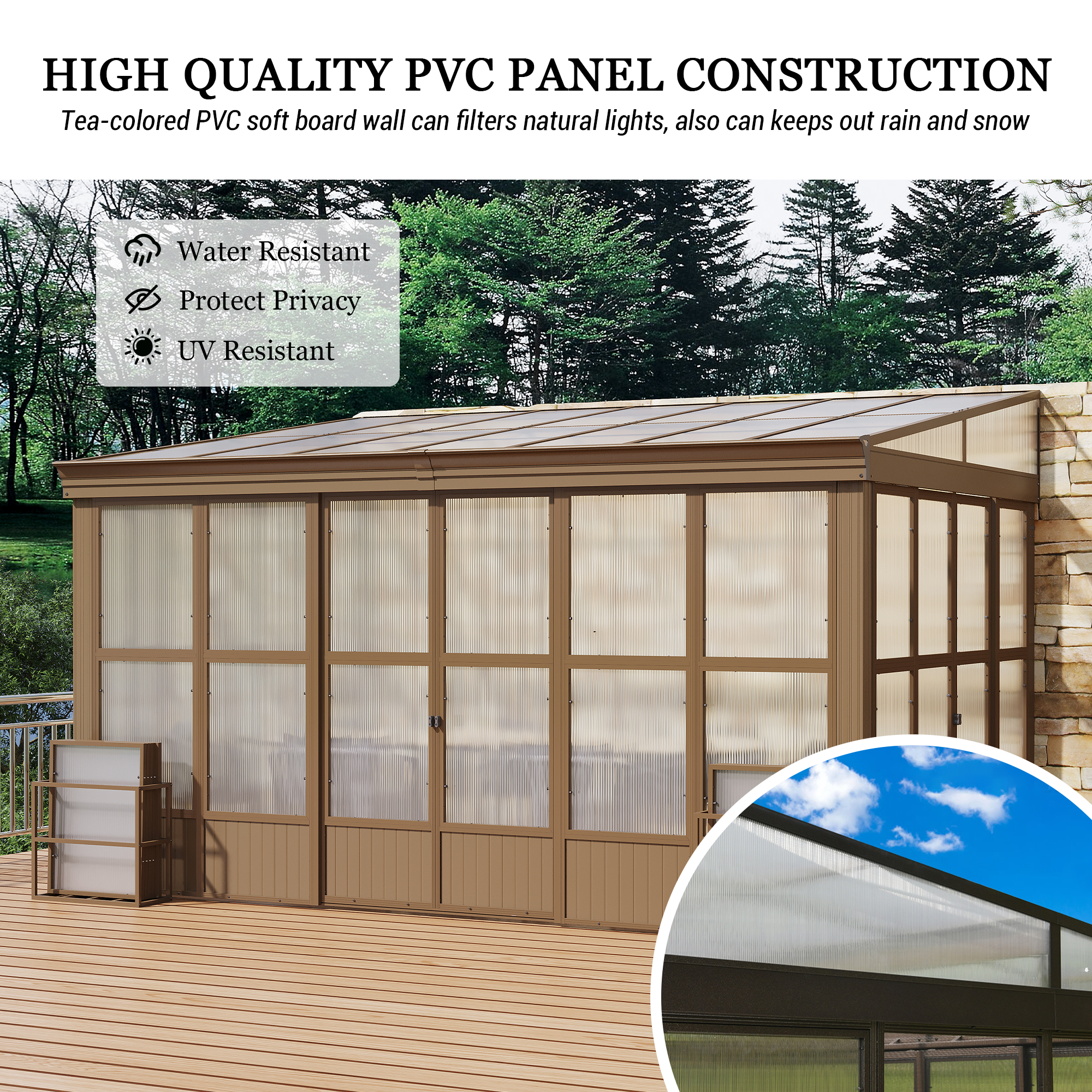 Wall Mounted Solarium with Sloping Polycarbonate Roof, Detachable Polycarbonate Screens, 2 Lockable Sliding Doors, Aluminum Gazebo Against Wall Sun Room for Patio Deck