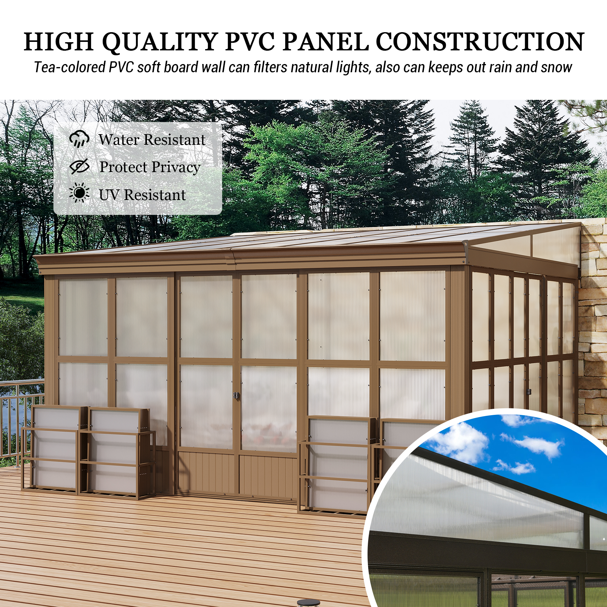 Wall Mounted Solarium with Sloping Polycarbonate Roof, Detachable Polycarbonate Screens, 2 Lockable Sliding Doors, Aluminum Gazebo Against Wall Sun Room for Patio Deck