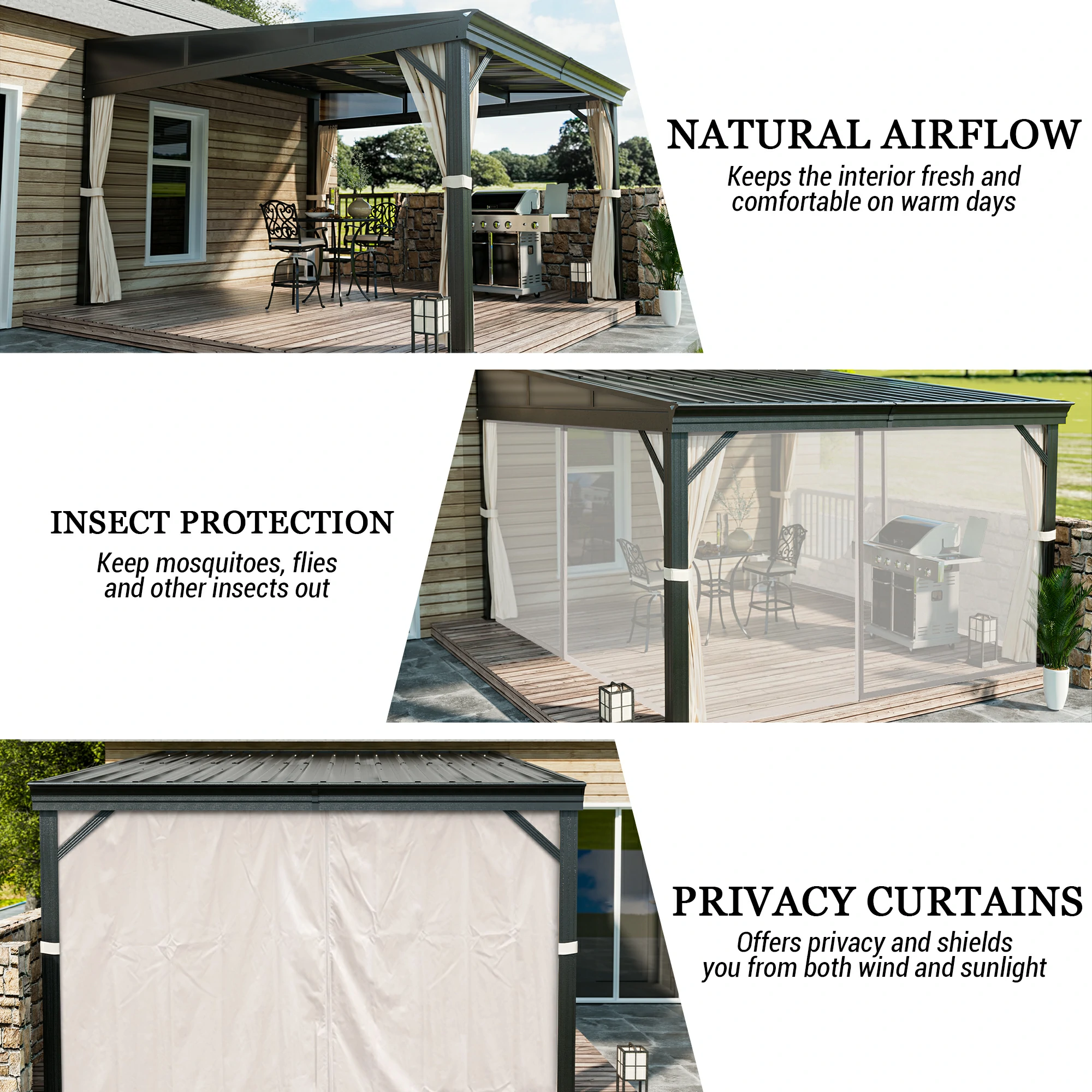 Outdoor Wall-Mounted Hardtop Gazebo Aluminum Frame Galvanized Steel Roof Sunroom with Curtains and Netting