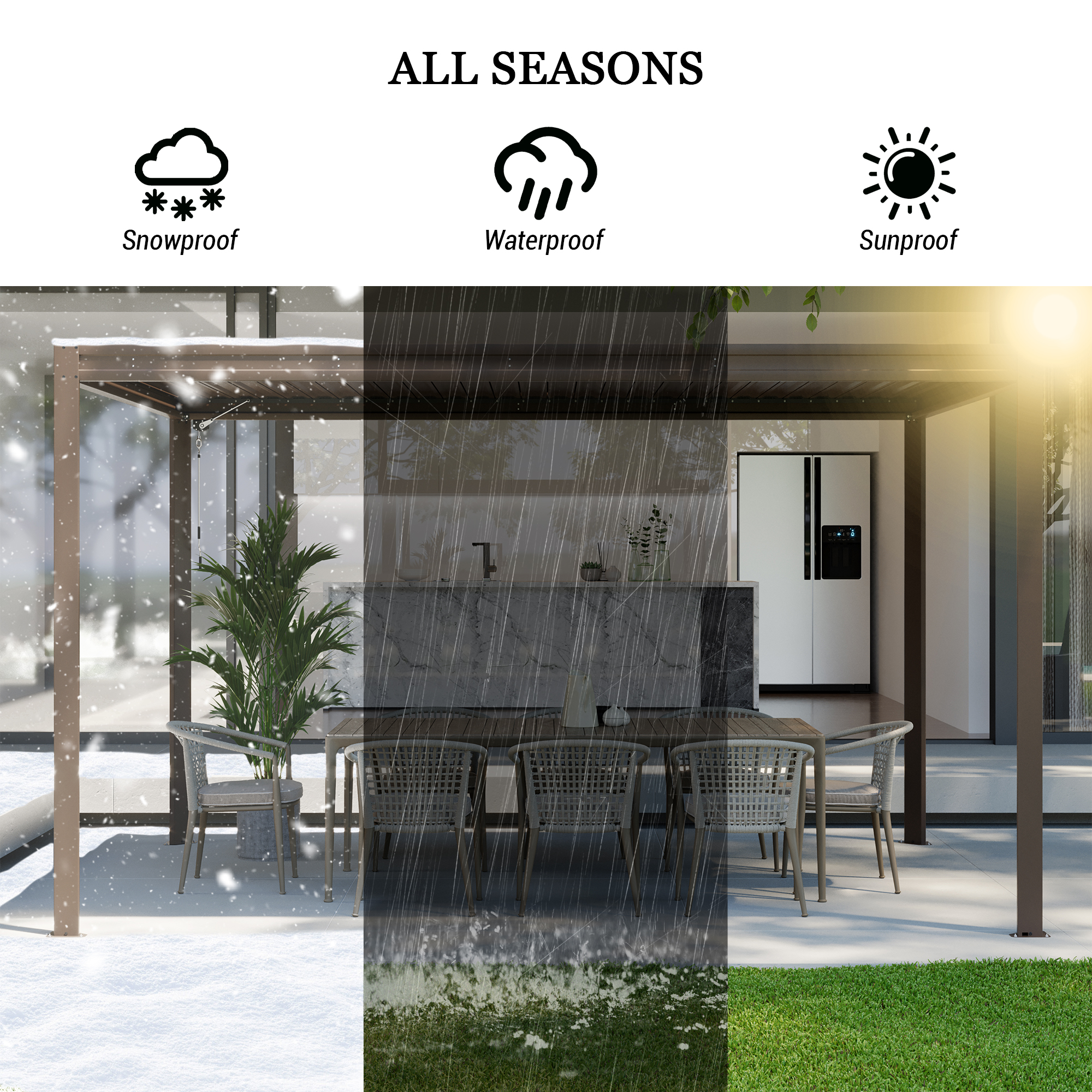 Louvered Pergola, Wood Grain Aluminum Pergola with Adjustable Roof, Wood Looking Aluminum Frame, Efficient Drainage System, Outdoor Pergola for Patio, Deck, Garden