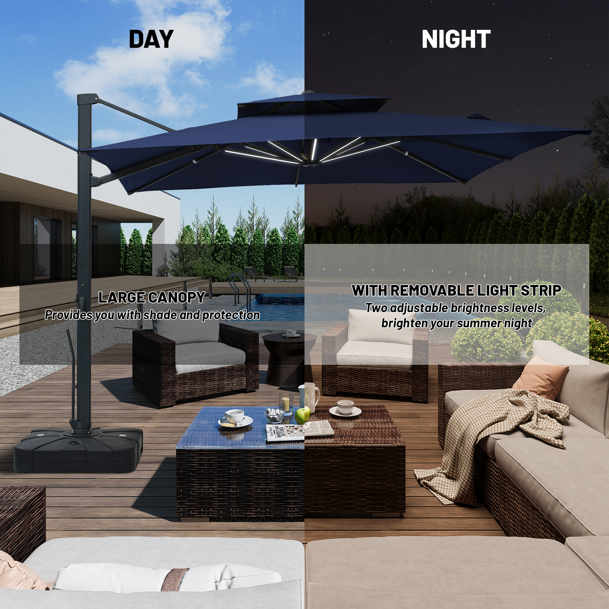 10-Ft Aluminum Patio Cantilever Umbrella with Base and Removable Lights