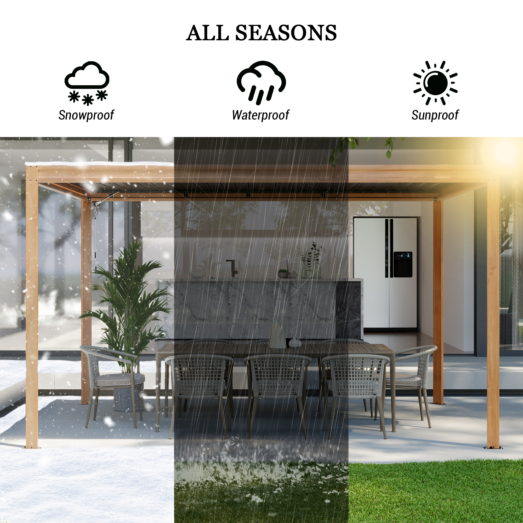 Louvered Pergola, Wood Grain Aluminum Pergola with Adjustable Roof, Wood Looking Aluminum Frame, Efficient Drainage System, Outdoor Pergola for Patio, Deck, Garden