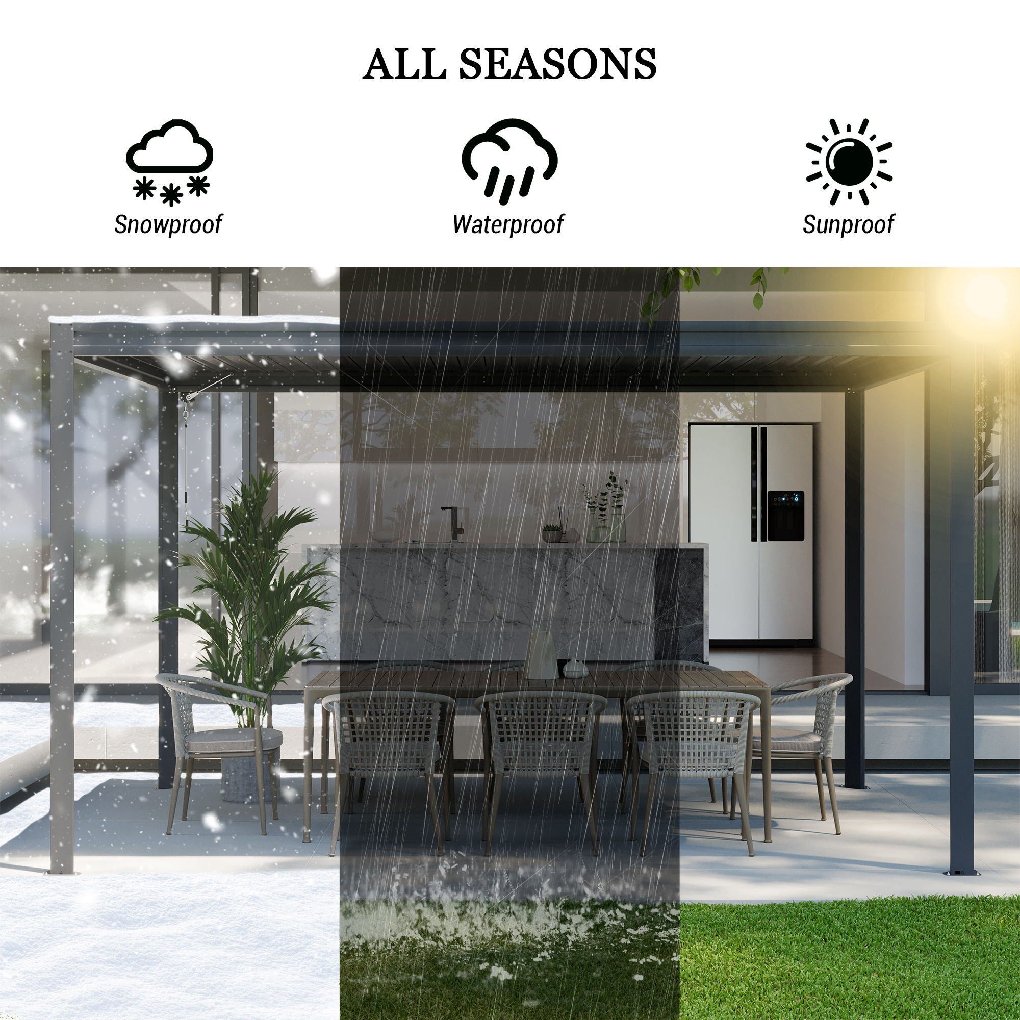 Louvered Pergola, Wood Grain Aluminum Pergola with Adjustable Roof, Wood Looking Aluminum Frame, Efficient Drainage System, Outdoor Pergola for Patio, Deck, Garden