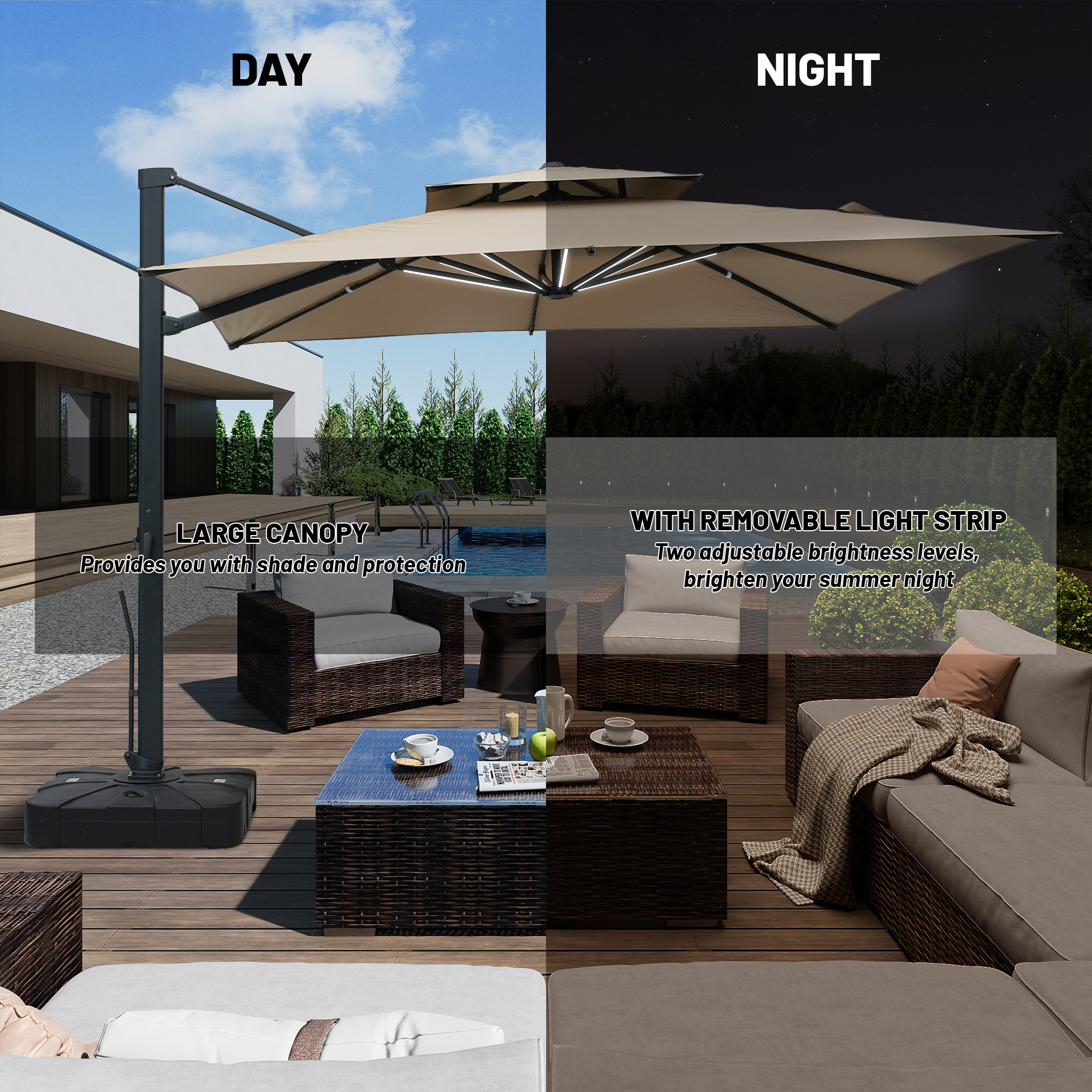 10-Ft Aluminum Patio Cantilever Umbrella with Base and Removable Lights