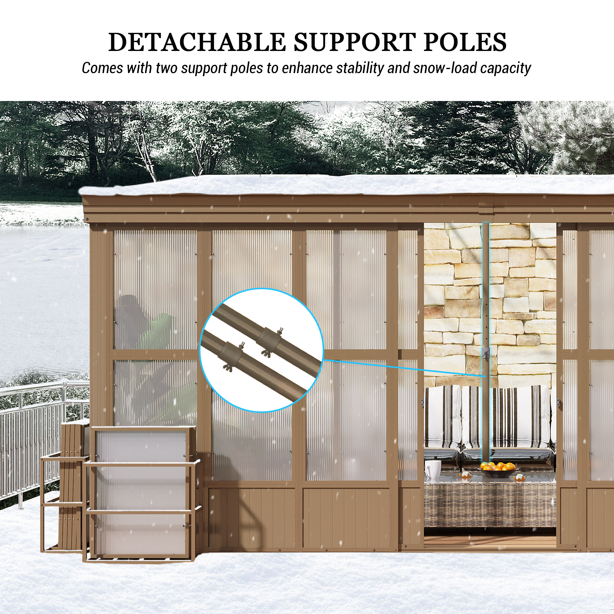 Wall Mounted Solarium with Sloping Polycarbonate Roof, Detachable Polycarbonate Screens, 2 Lockable Sliding Doors, Aluminum Gazebo Against Wall Sun Room for Patio Deck