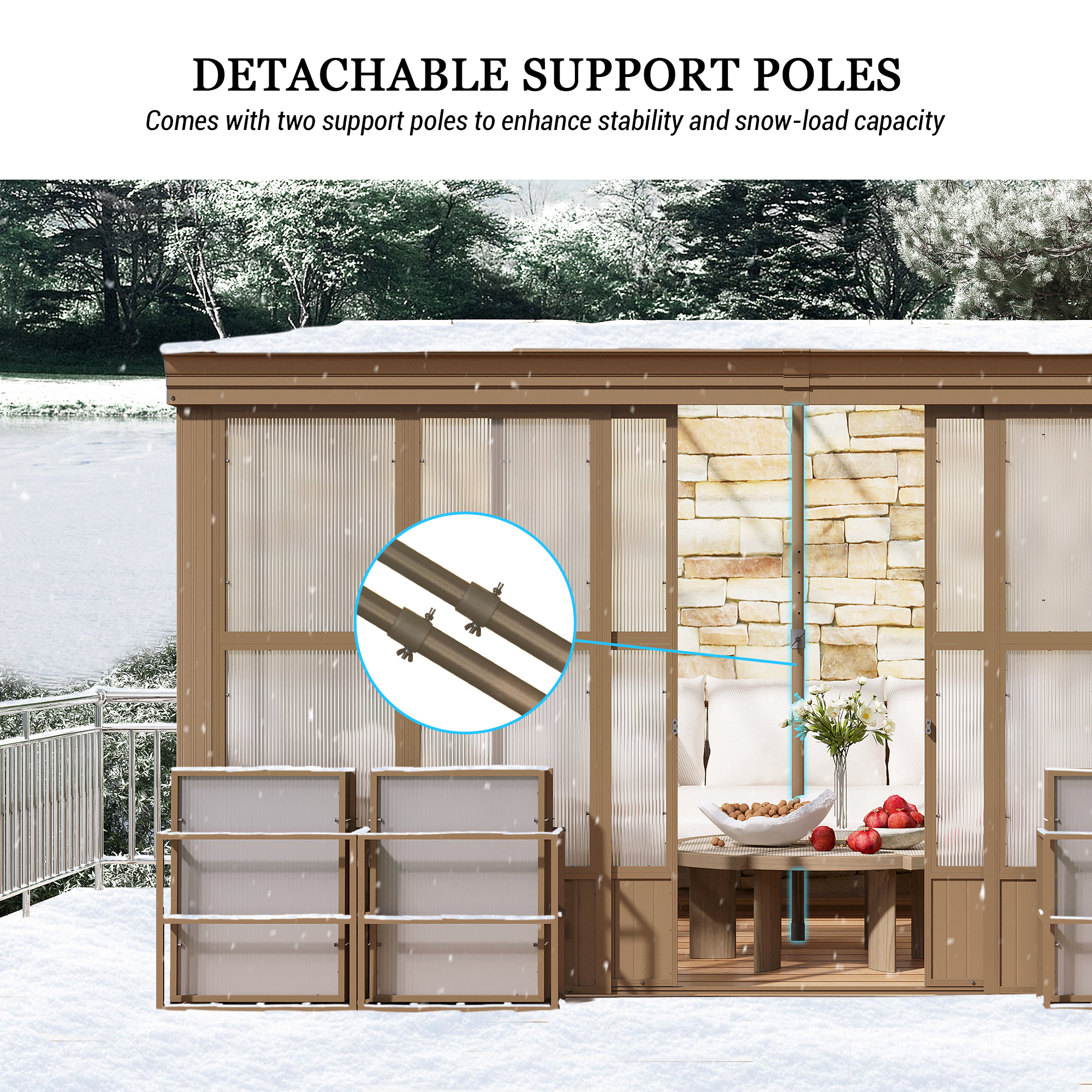 Wall Mounted Solarium with Sloping Polycarbonate Roof, Detachable Polycarbonate Screens, 2 Lockable Sliding Doors, Aluminum Gazebo Against Wall Sun Room for Patio Deck