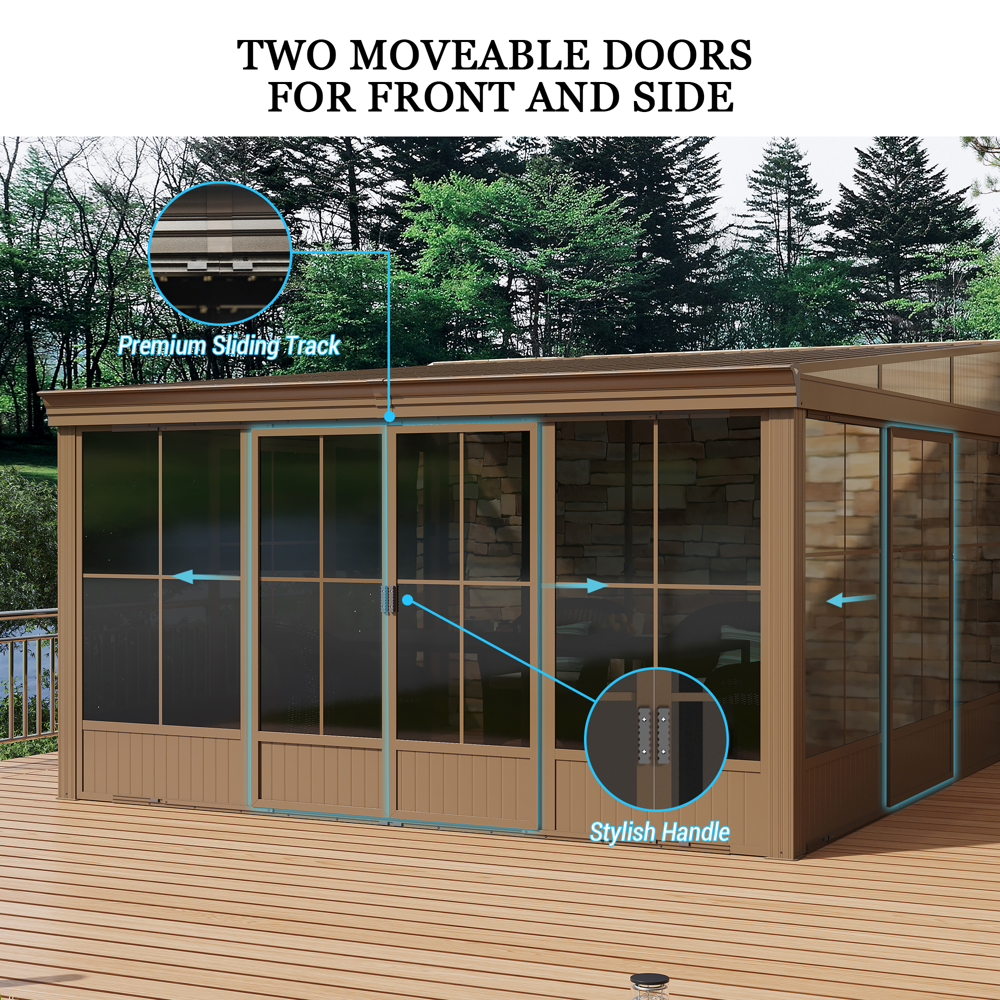 12x14FT Wall Mounted Sunroom, Against Wall Solarium with Galvanized Steel Sloping Roof, Detachable PVC Screen, Lockable Sliding Front and Side Doors, Lean-to Gazebo Sun Room for Deck Patio