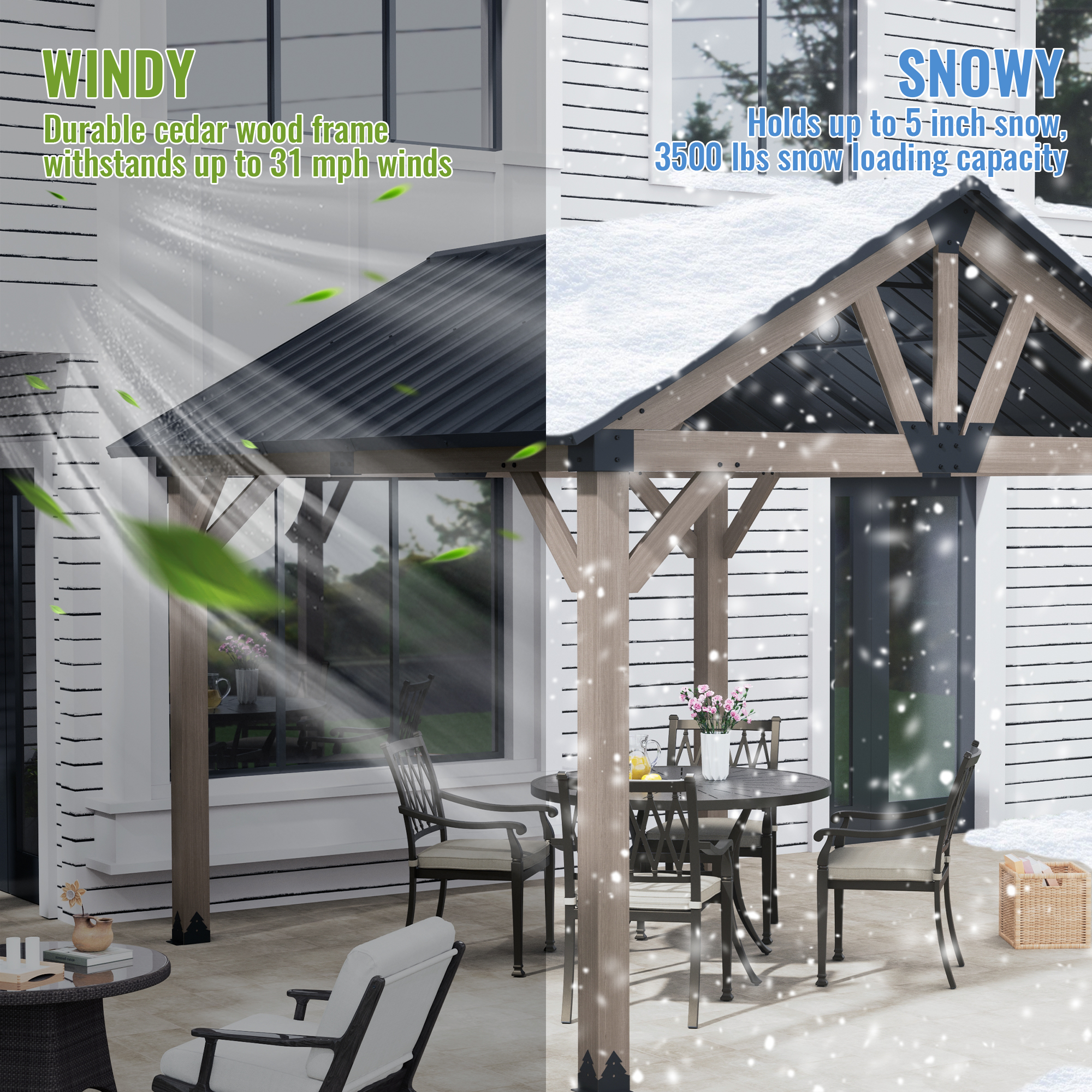 10 ft. x 12 ft. Outdoor Cedar Wood Frame Patio Gazebo Canopy Galvanized Steel Gable Hardtop Roof for Patio Lawn Backyard - Greenwich Serie