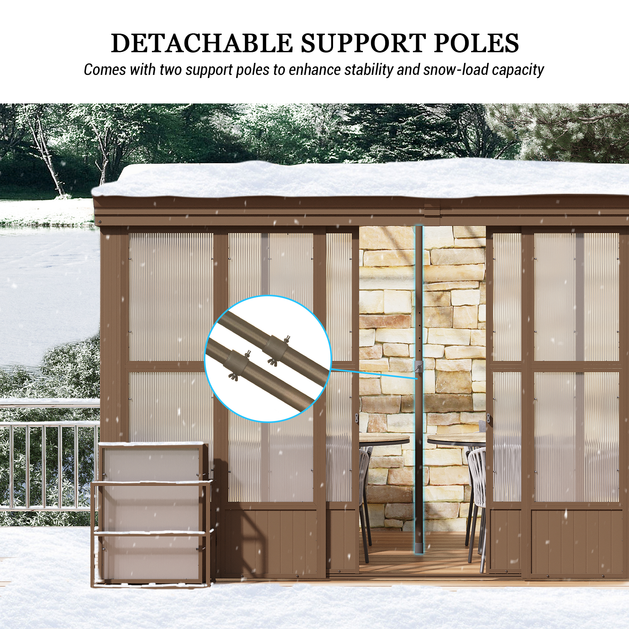 Lean-to Sunroom 10x12FT, Wall Mounted Solarium with Sloping Polycarbonate Roof, Detachable Polycarbonate Screens, 2 Lockable Sliding Doors, Aluminum Gazebo Against Wall Sun Room for Patio Deck