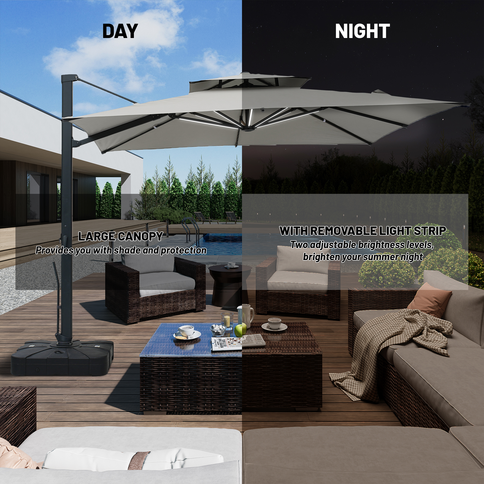 10-Ft Aluminum Patio Cantilever Umbrella with Base and Removable Lights