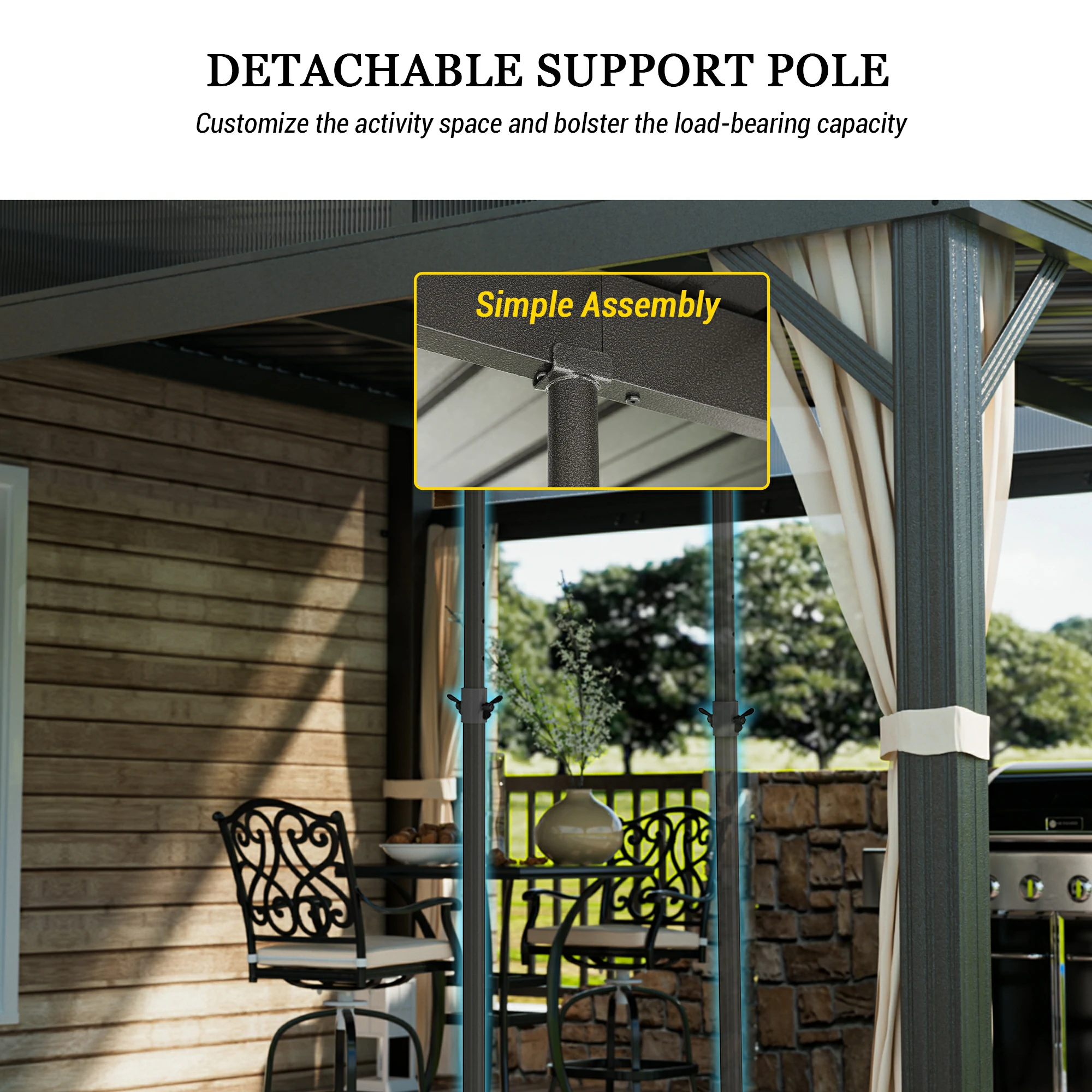 Outdoor Wall-Mounted Hardtop Gazebo Aluminum Frame Galvanized Steel Roof Sunroom with Curtains and Netting