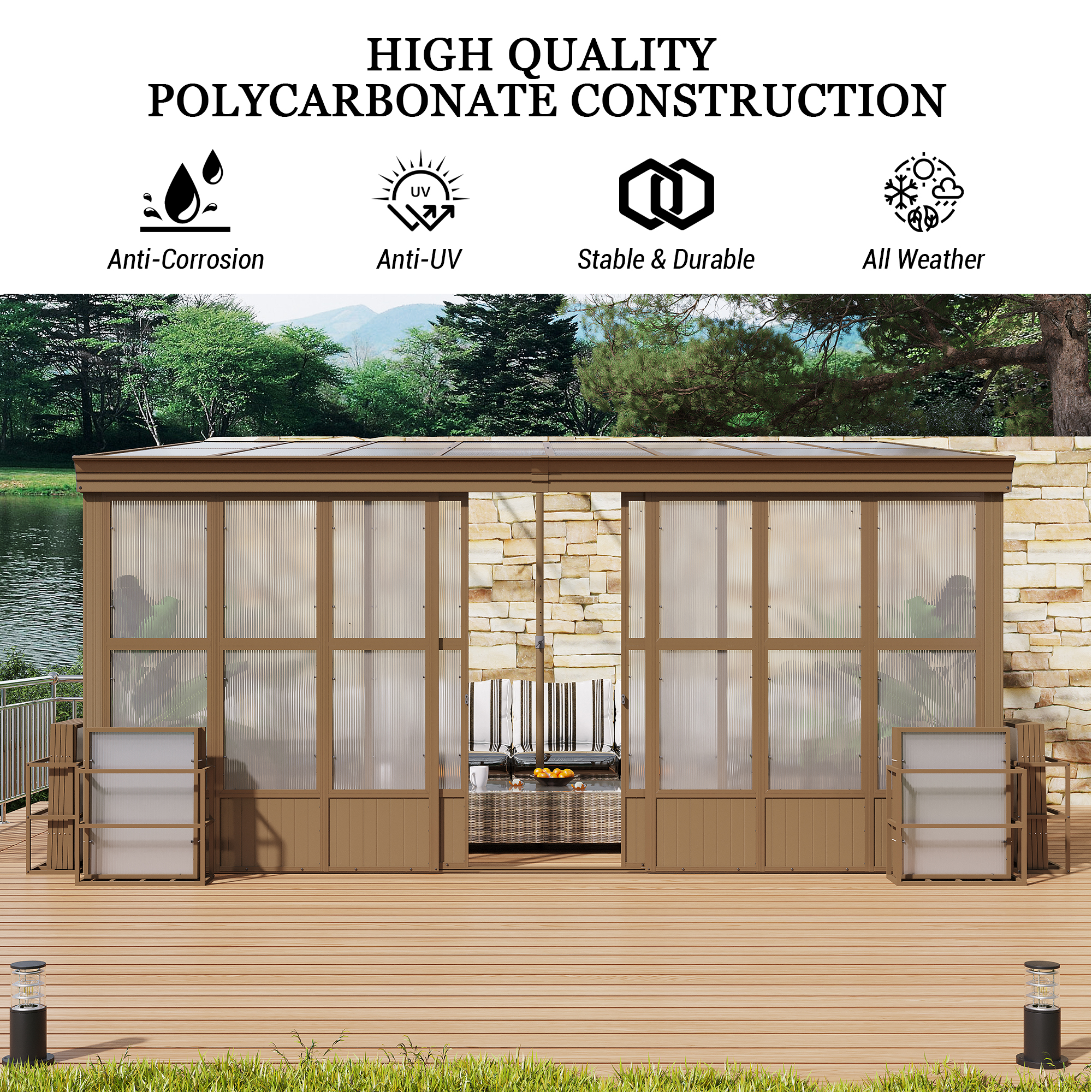 Wall Mounted Solarium with Sloping Polycarbonate Roof, Detachable Polycarbonate Screens, 2 Lockable Sliding Doors, Aluminum Gazebo Against Wall Sun Room for Patio Deck
