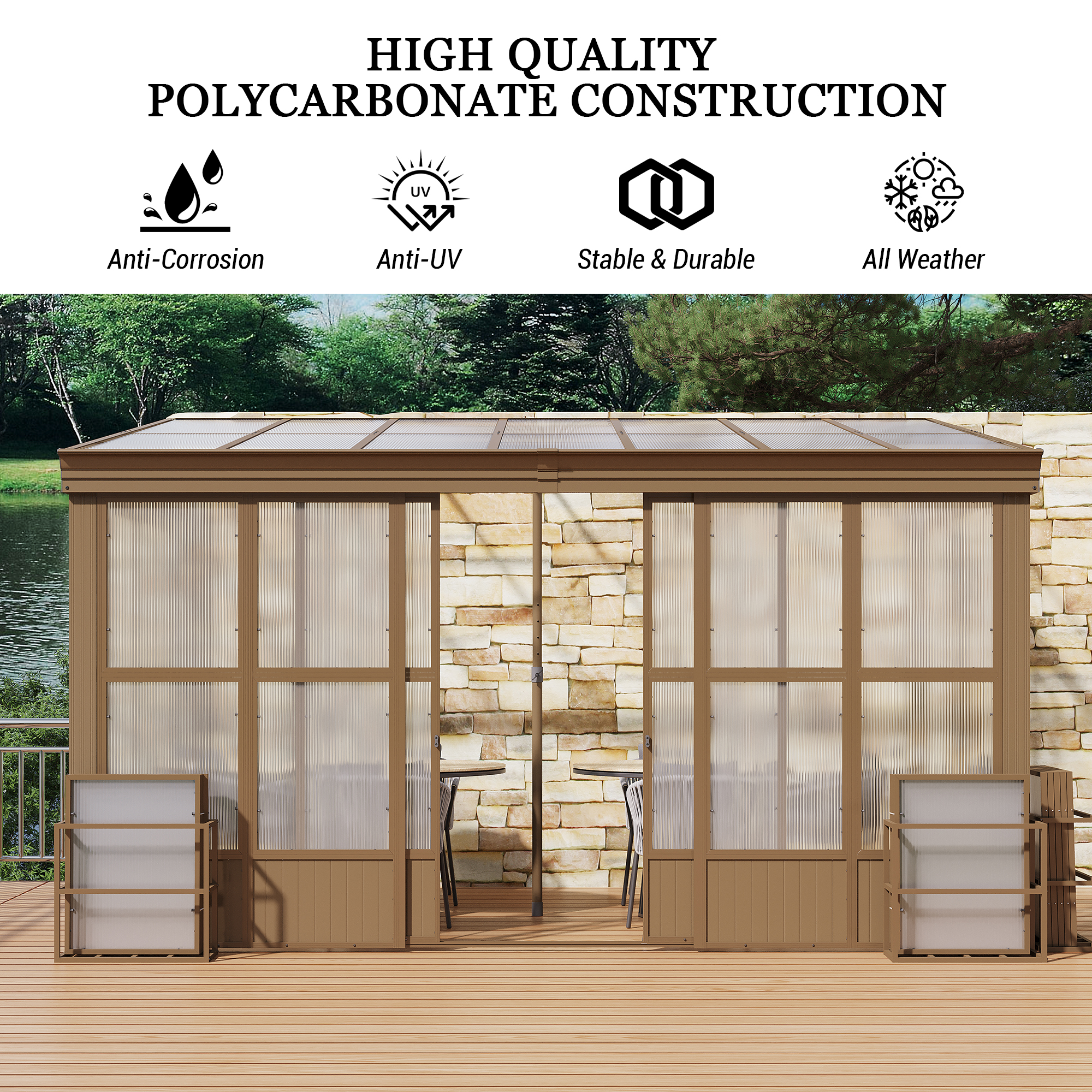 Wall Mounted Solarium with Sloping Polycarbonate Roof, Detachable Polycarbonate Screens, 2 Lockable Sliding Doors, Aluminum Gazebo Against Wall Sun Room for Patio Deck