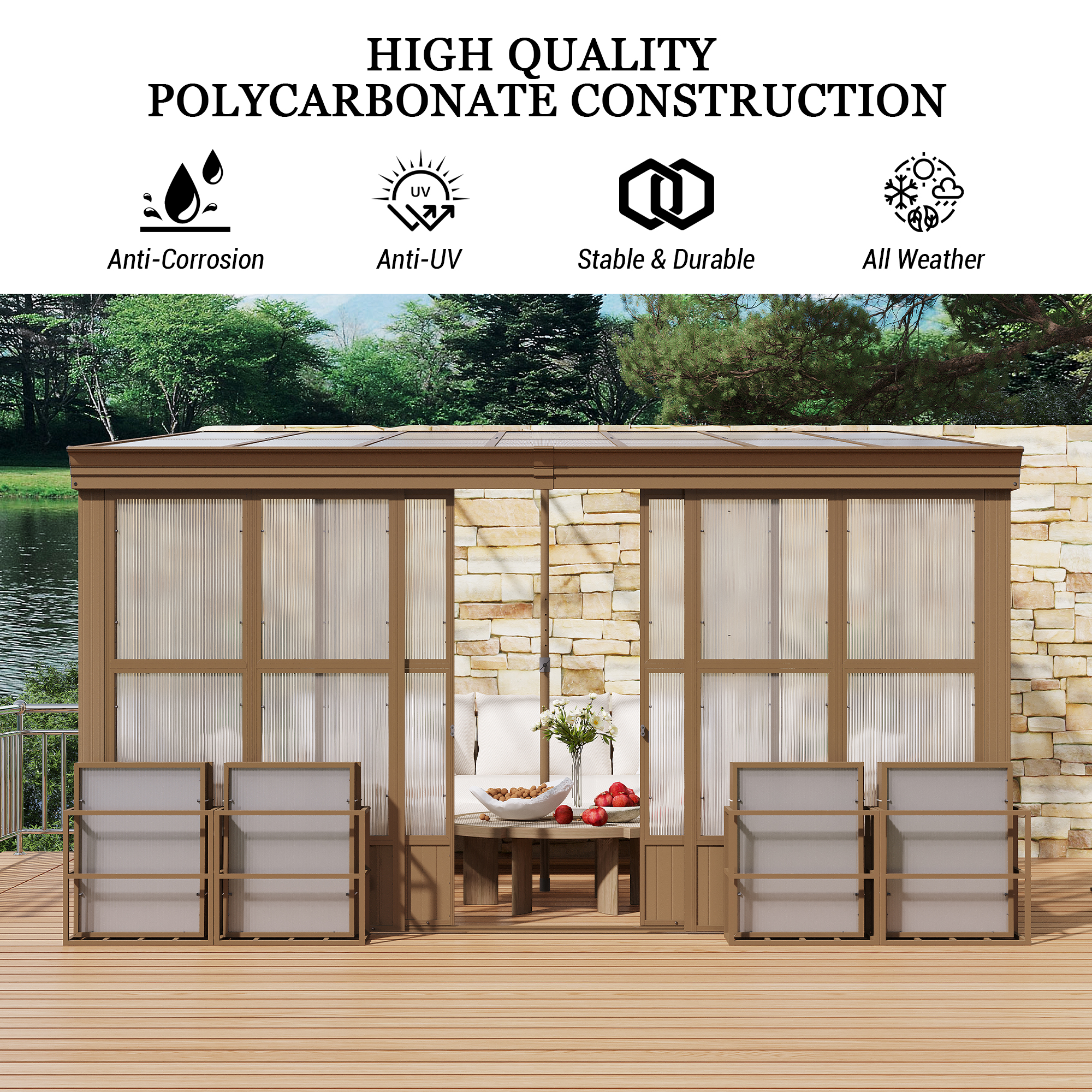 Wall Mounted Solarium with Sloping Polycarbonate Roof, Detachable Polycarbonate Screens, 2 Lockable Sliding Doors, Aluminum Gazebo Against Wall Sun Room for Patio Deck