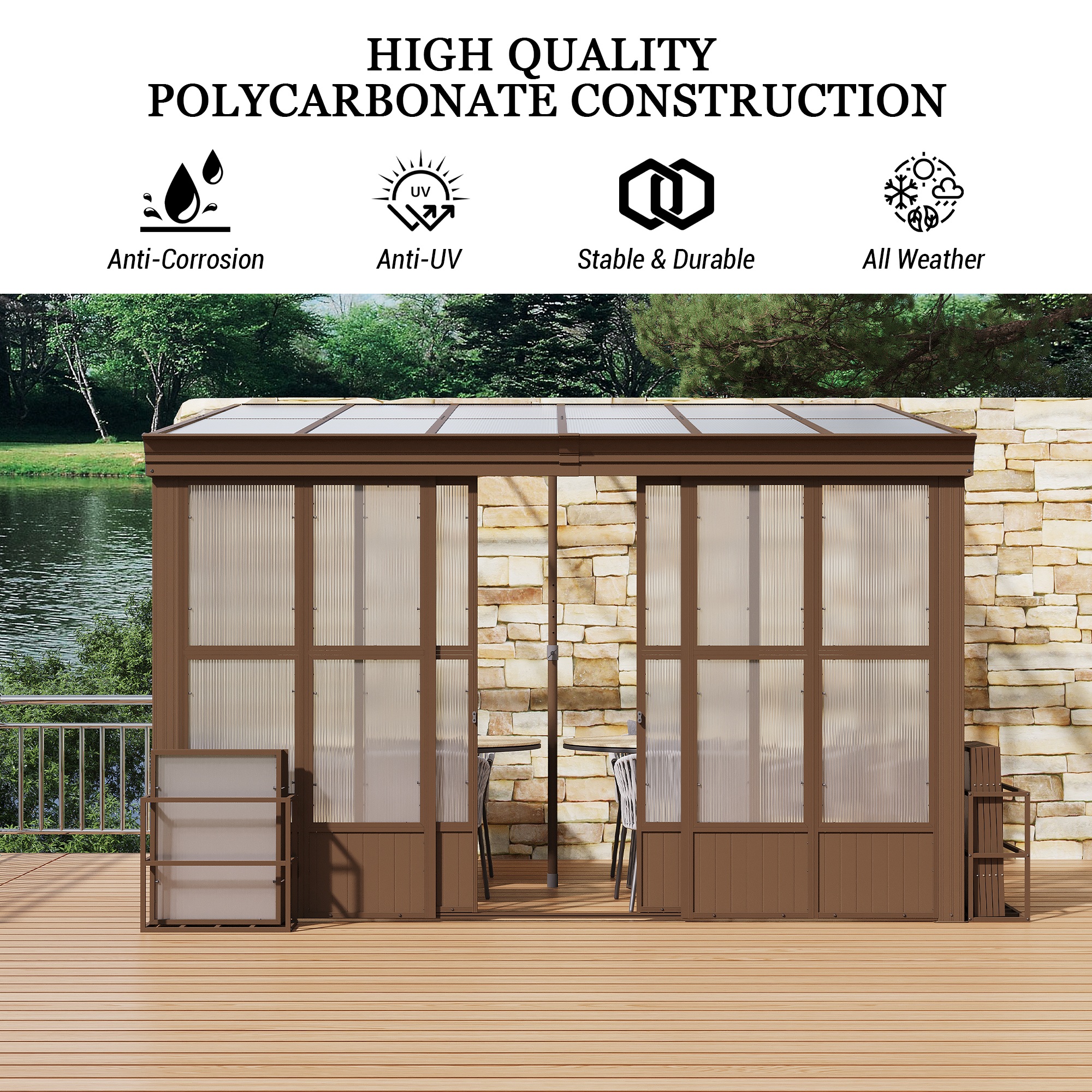 Lean-to Sunroom 10x12FT, Wall Mounted Solarium with Sloping Polycarbonate Roof, Detachable Polycarbonate Screens, 2 Lockable Sliding Doors, Aluminum Gazebo Against Wall Sun Room for Patio Deck
