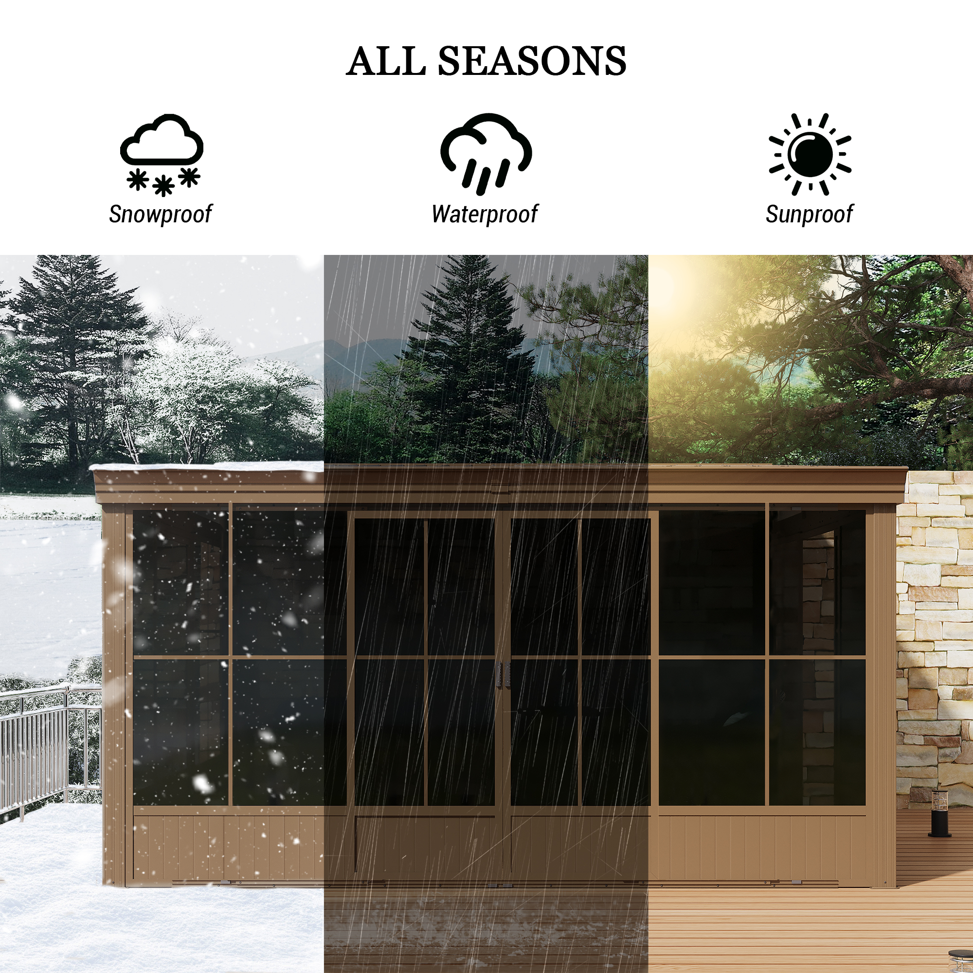 12x14FT Wall Mounted Sunroom, Against Wall Solarium with Galvanized Steel Sloping Roof, Detachable PVC Screen, Lockable Sliding Front and Side Doors, Lean-to Gazebo Sun Room for Deck Patio
