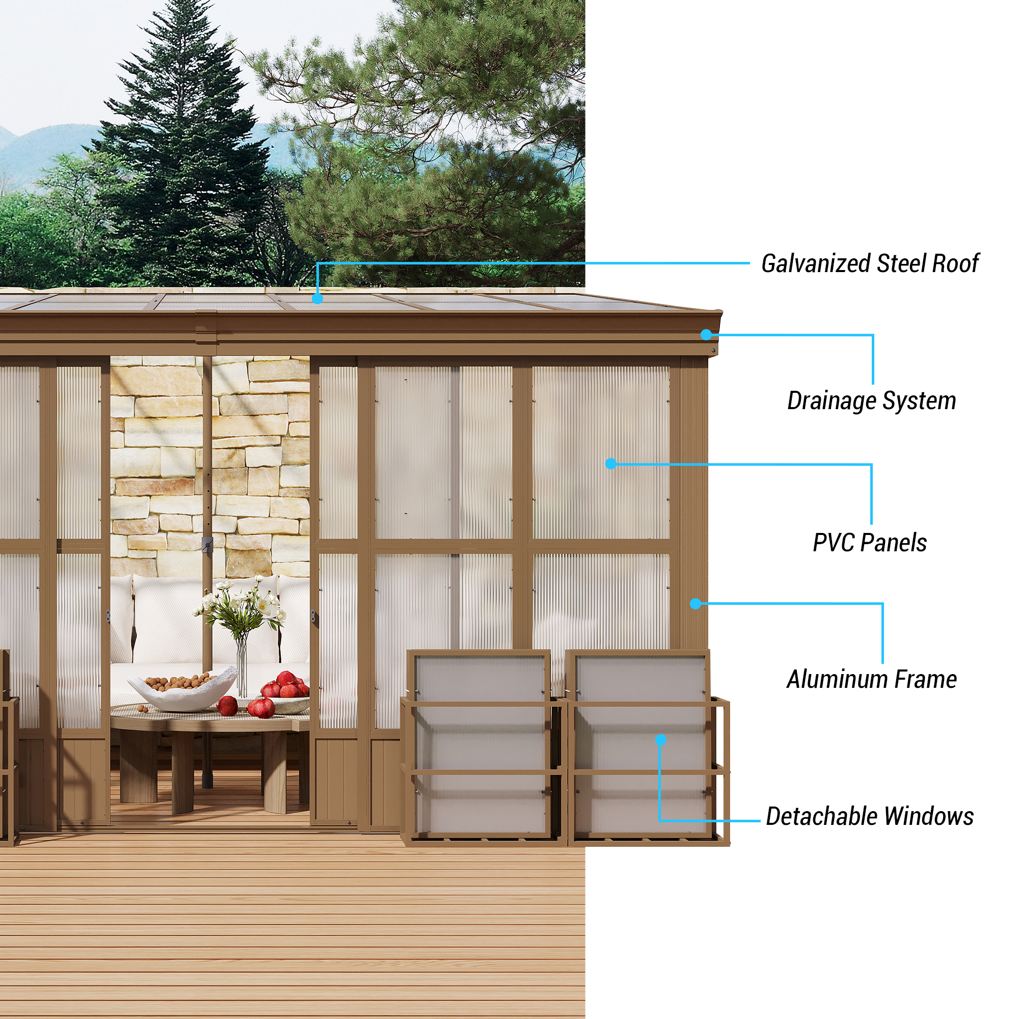Wall Mounted Solarium with Sloping Polycarbonate Roof, Detachable Polycarbonate Screens, 2 Lockable Sliding Doors, Aluminum Gazebo Against Wall Sun Room for Patio Deck