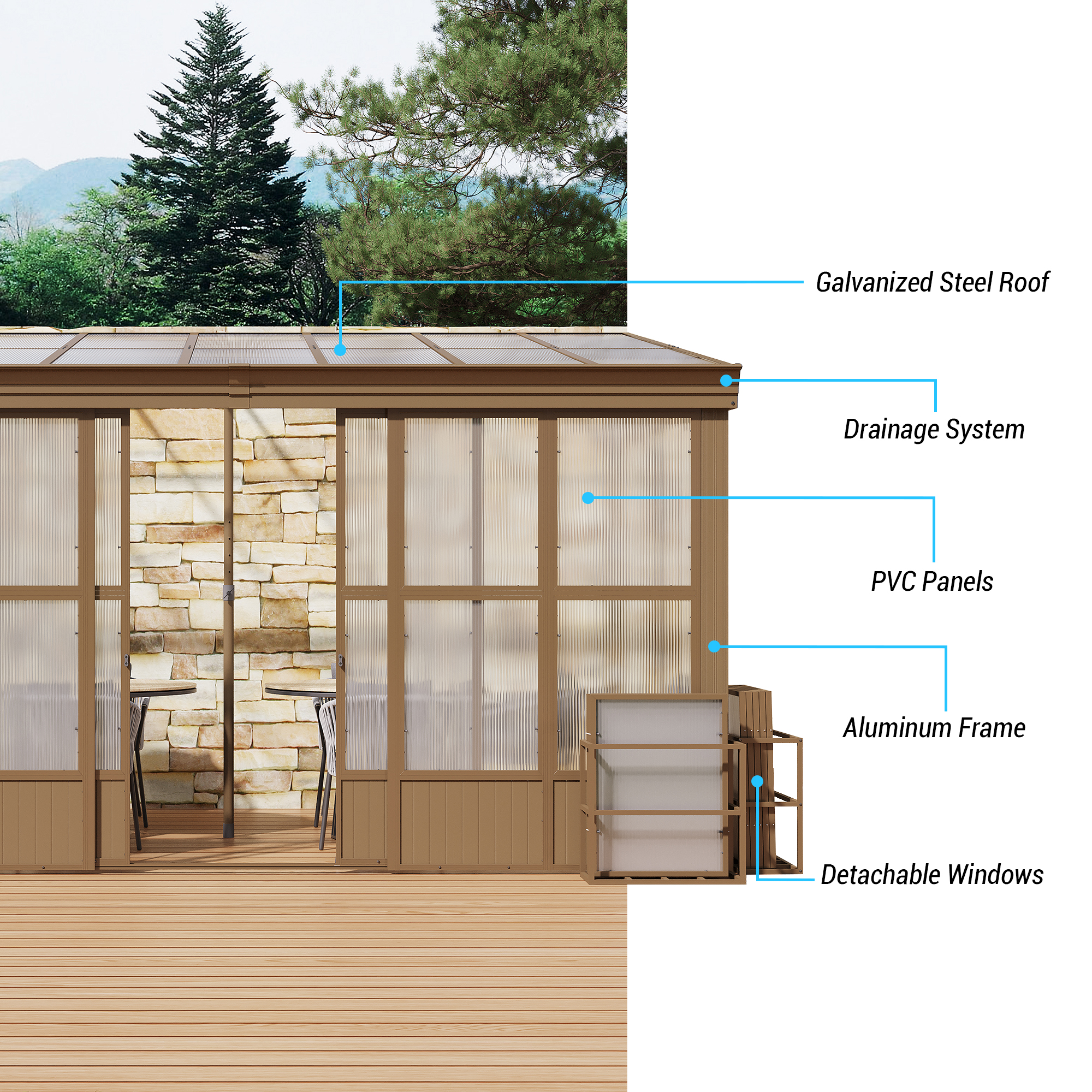 Wall Mounted Solarium with Sloping Polycarbonate Roof, Detachable Polycarbonate Screens, 2 Lockable Sliding Doors, Aluminum Gazebo Against Wall Sun Room for Patio Deck