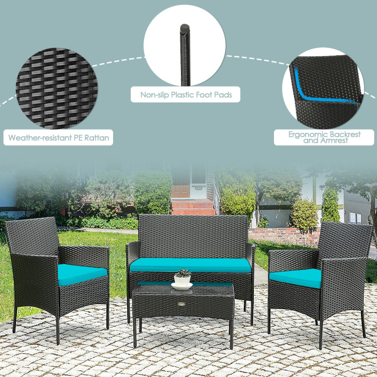 Mondawe 4 Pcs Patio Rattan Cushioned Sofa Furniture Set with Tempered Glass Coffee Table-White/Red/Turquoise-Mondawe