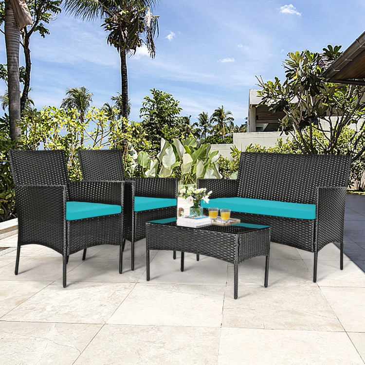 Mondawe 4 Pcs Patio Rattan Cushioned Sofa Furniture Set with Tempered Glass Coffee Table-White/Red/Turquoise-Mondawe