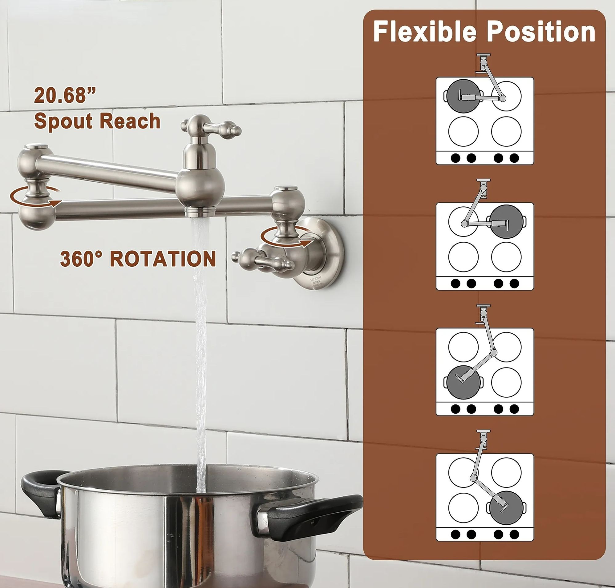  Brushed Nickel Pot Filler Faucet, Wall Mount Stove Faucet, Double Handle Brass Folding Pasta Faucet Over Stove, Kitchen Pot Faucet with Double Joint Swing Arms, 1.8 GPM, 360°Rotation Visit the MONDAWE Store