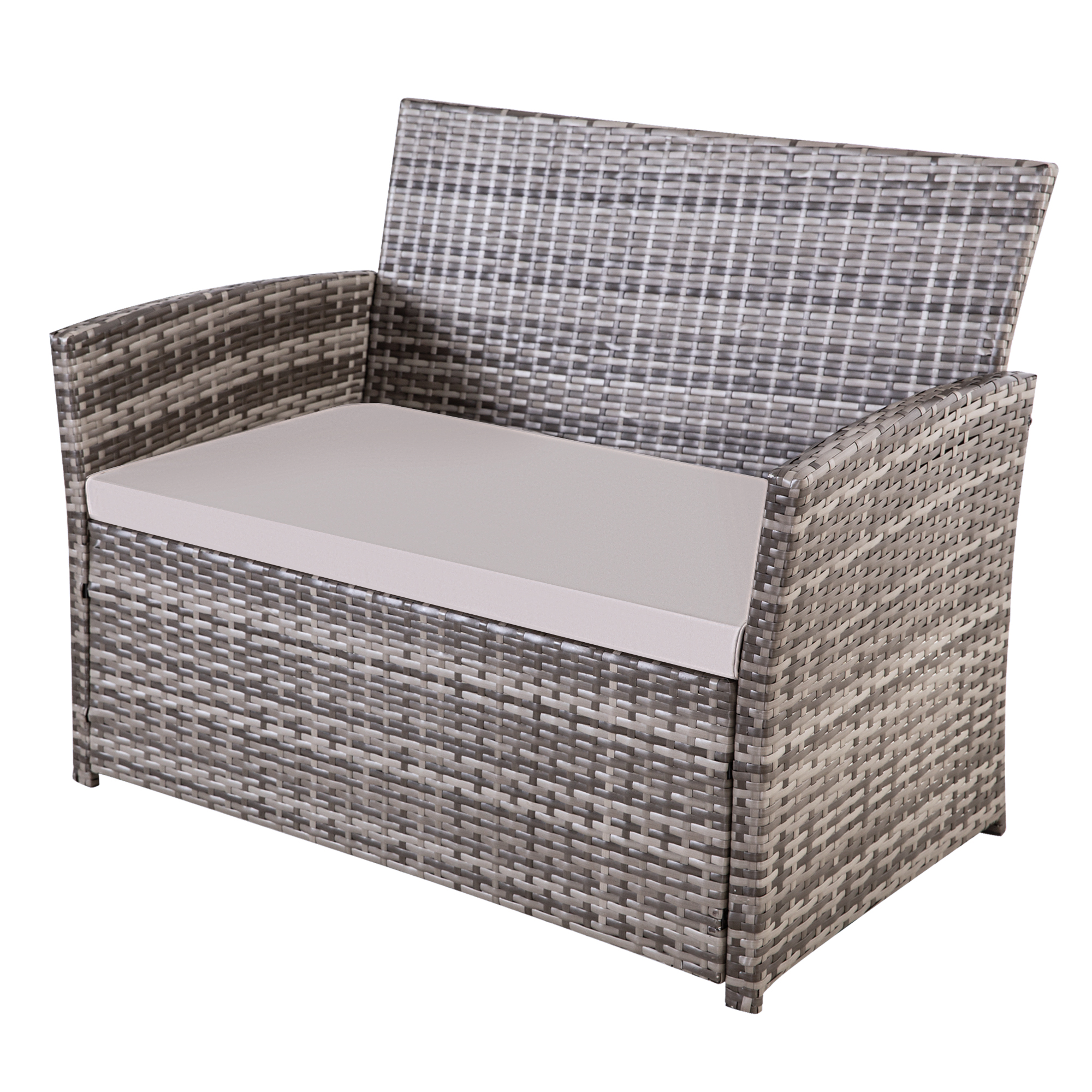 4-Piece PE Rattan Patio Furniture Set – Double Sofa, 2 Armchairs, Coffee Table with Cushions, Weather-Resistant Outdoor Conversation Set, Brown-Blue/Gray/Black-Gray/Black-Blue