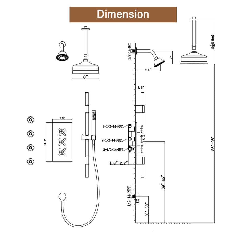 Boyel Living 8 in. Complete Shower System with 4 Body Sprays Fixed Shower Heads System with Handheld