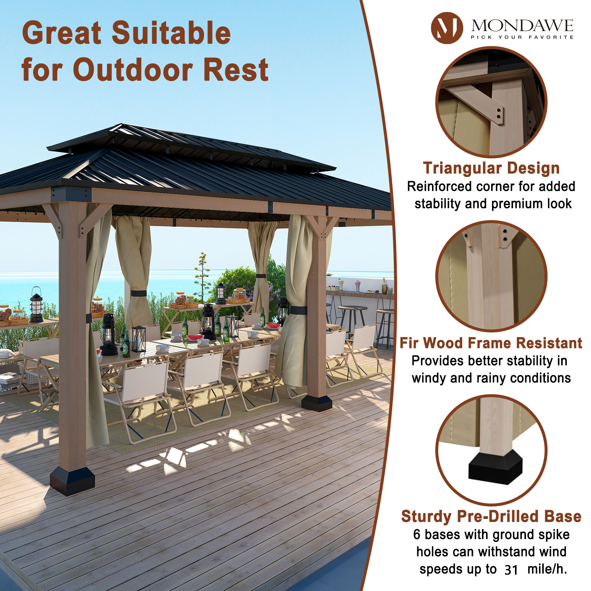 12 ft. x 20 ft. Outdoor Fir Solid Wood Frame Patio Gazebo Canopy Tent Shelter with Galvanized Steel Hardtop Pavilion-Mondawe