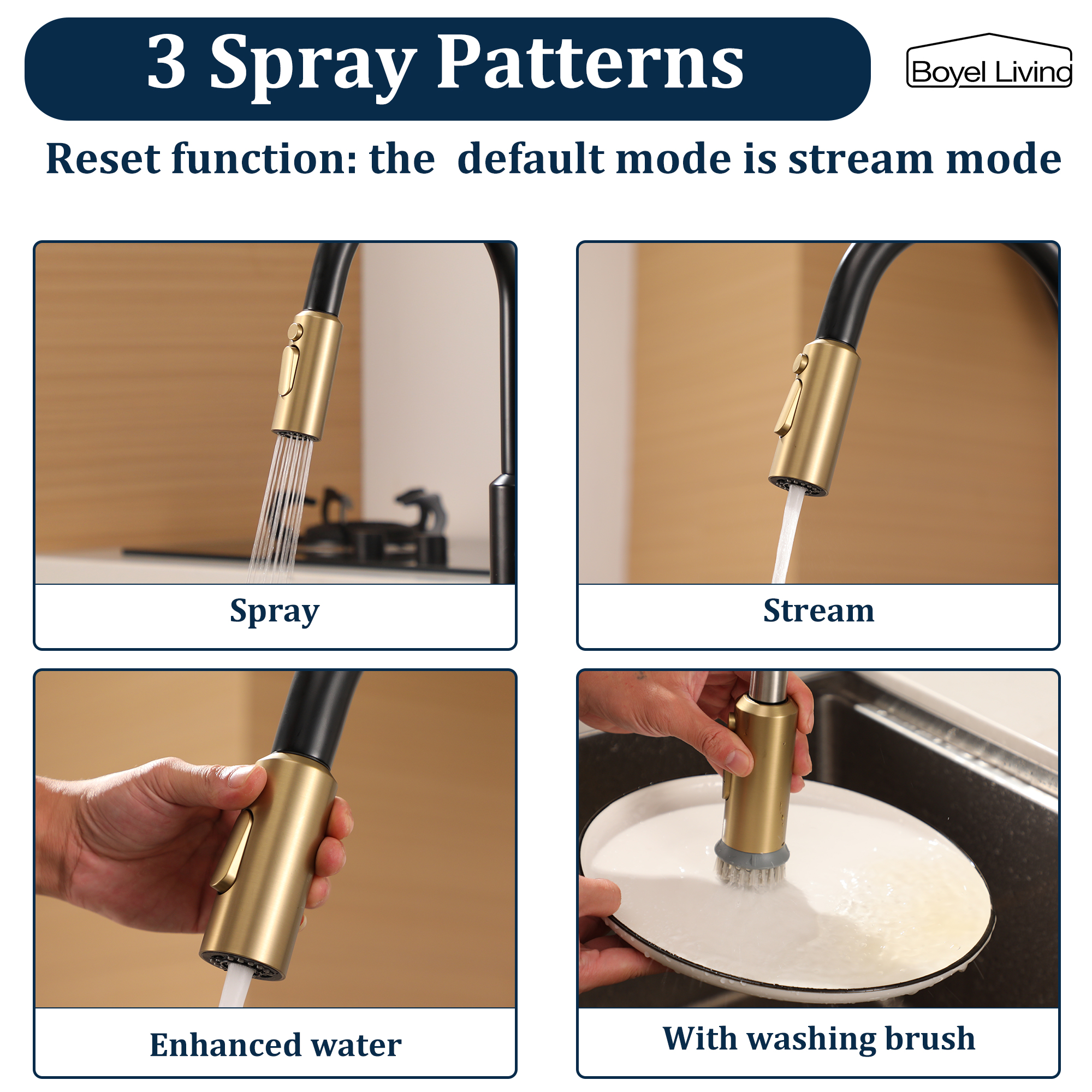 Boyel Living Single Handle Pull Down Sprayer Kitchen Faucet with 3-Spray Patterns