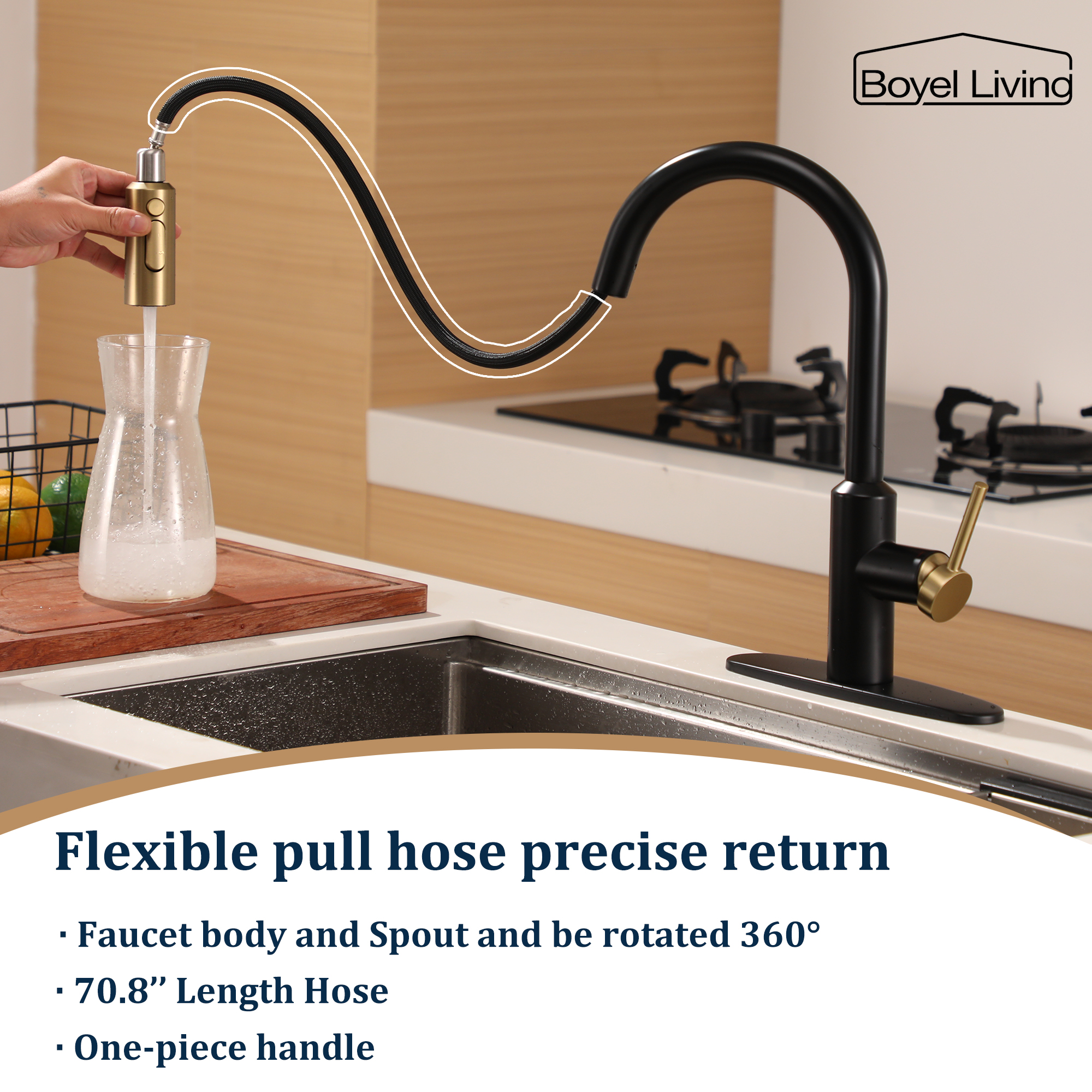 Boyel Living Single Handle Pull Down Sprayer Kitchen Faucet with 3-Spray Patterns