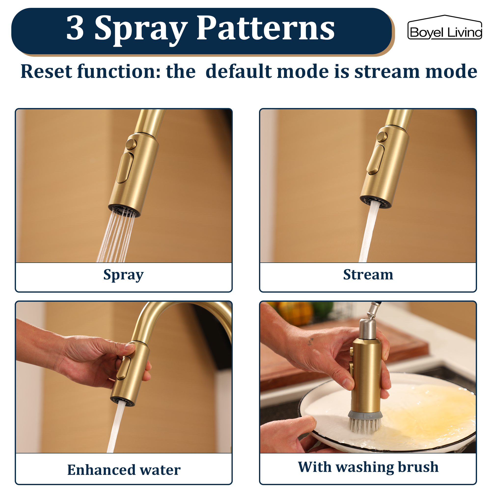 Boyel Living Single Handle Pull Down Sprayer Kitchen Faucet with 3-Spray Patterns