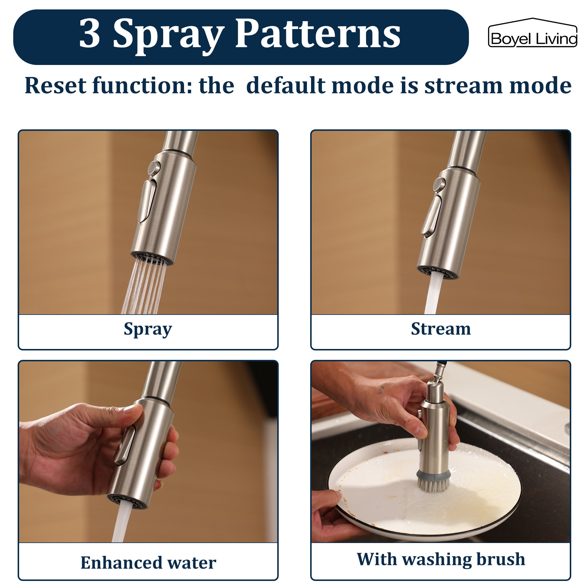 Boyel Living Single Handle Pull Down Sprayer Kitchen Faucet with 3-Spray Patterns