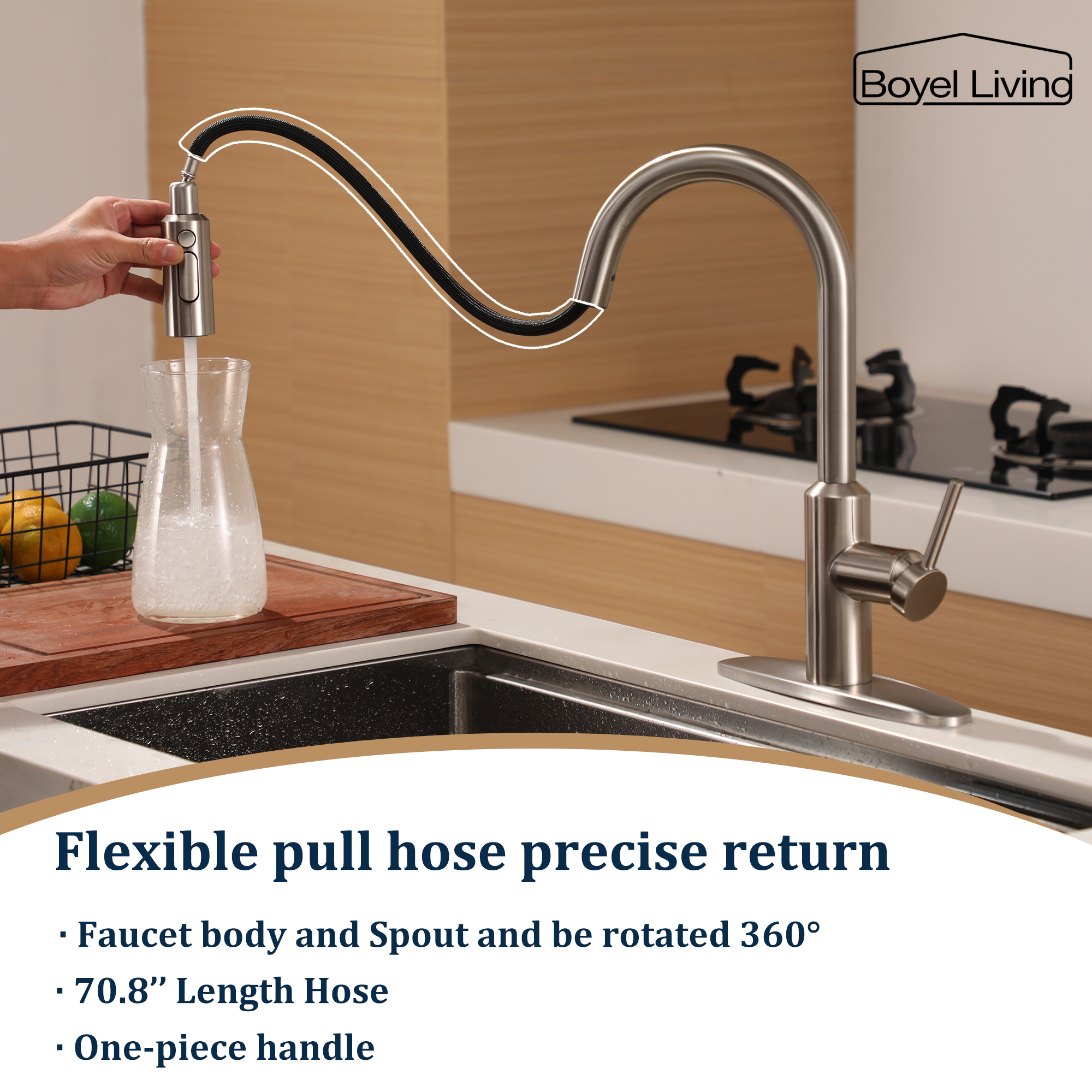 Boyel Living Single Handle Pull Down Sprayer Kitchen Faucet with 3-Spray Patterns