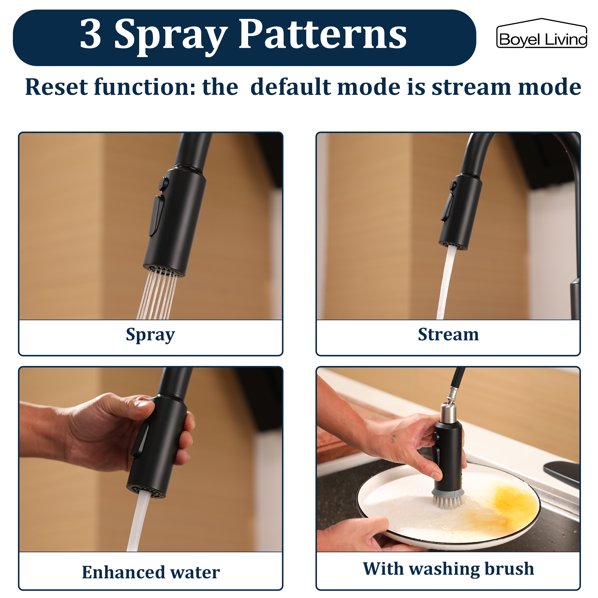 Boyel Living Single Handle Pull Down Sprayer Kitchen Faucet with 3-Spray Patterns