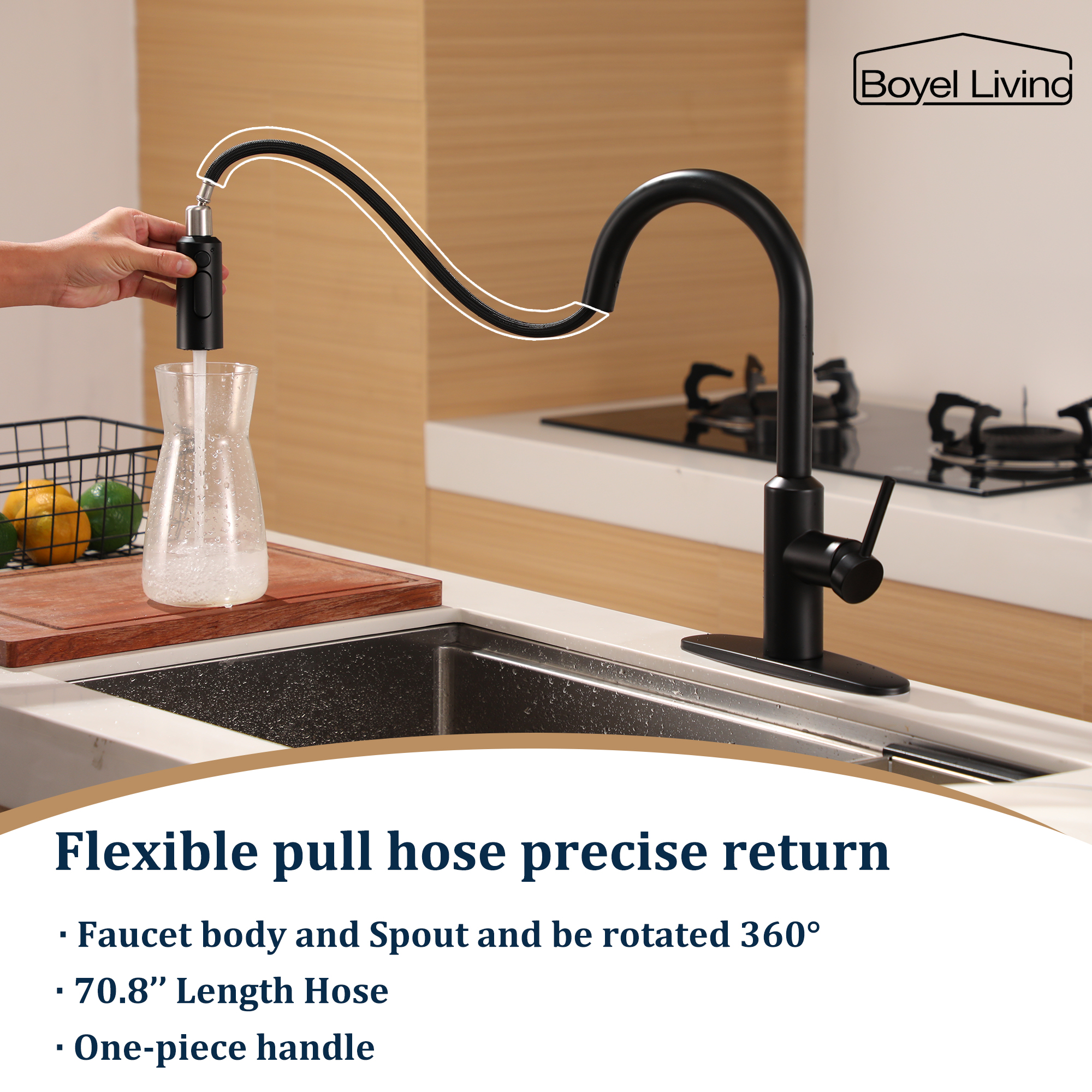 Boyel Living Single Handle Pull Down Sprayer Kitchen Faucet with 3-Spray Patterns