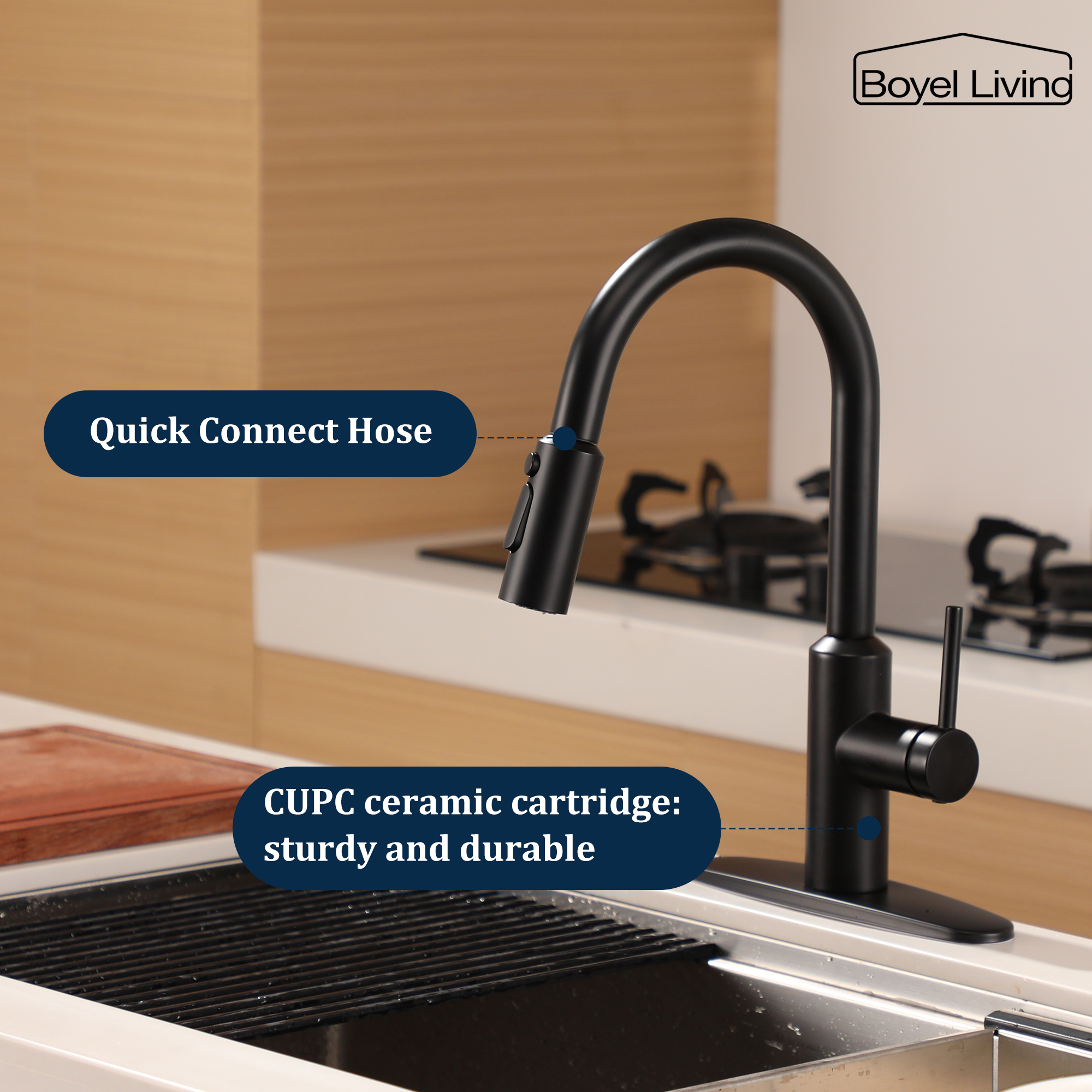 Boyel Living Single Handle Pull Down Sprayer Kitchen Faucet with 3-Spray Patterns