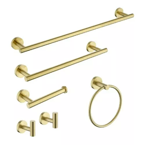  6-Piece Bath Hardware Set with Towel Rail, Paper Towel Rack, Towel Ring and Hook in Brushed Nickel/Brushed Gold