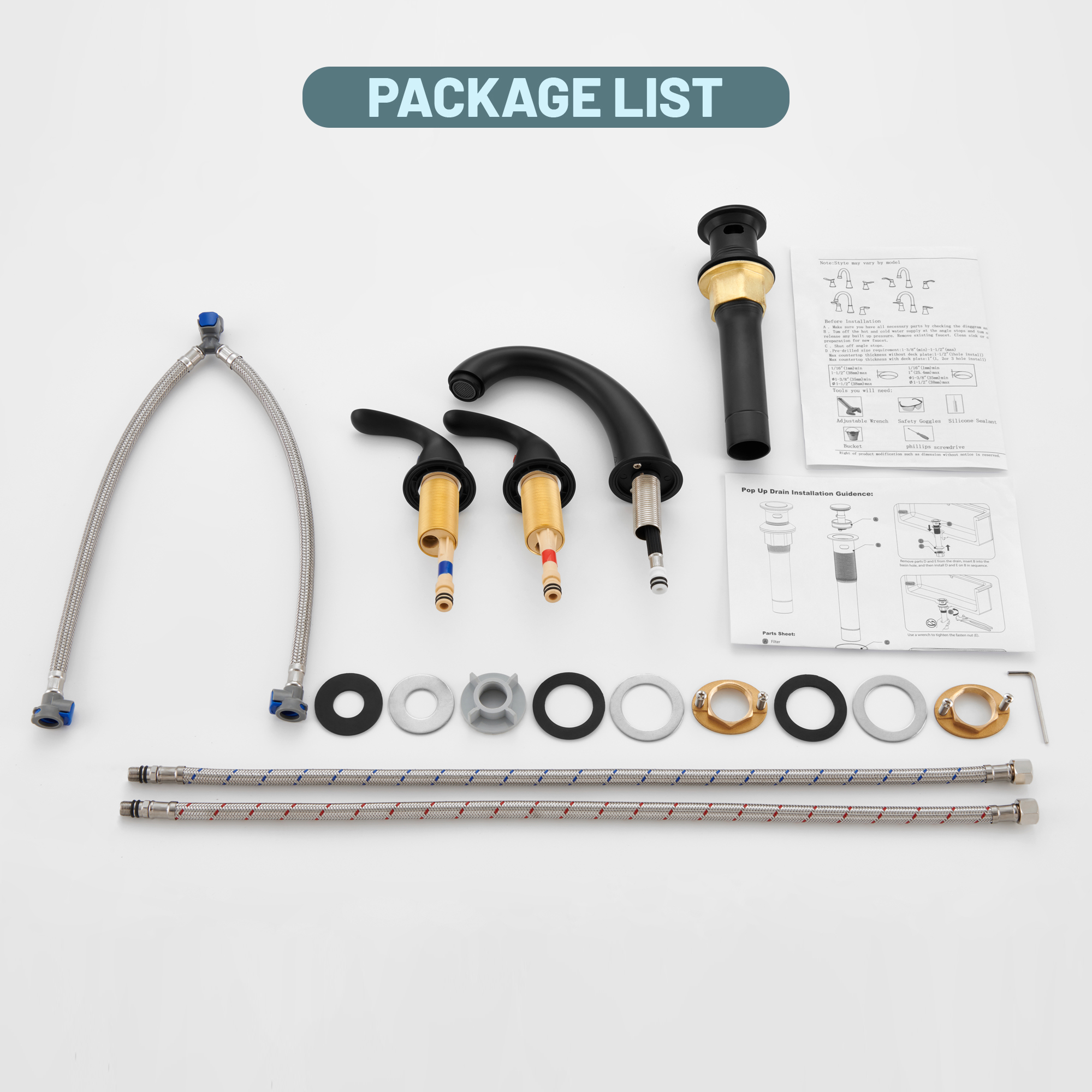 8 in. Widespread Double Handle Bathroom Sink Faucet 3 Hole with Stainless Steel Pop Up Drain in Brushed Nickel/Matte Black/Brushed Gold/Oil Rubbed Bronze