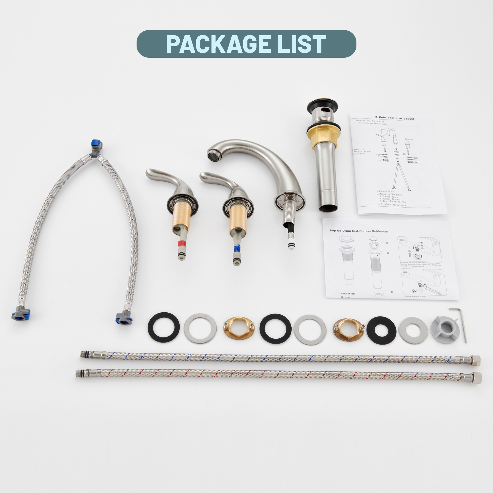 8 in. Widespread Double Handle Bathroom Sink Faucet 3 Hole with Stainless Steel Pop Up Drain in Brushed Nickel/Matte Black/Brushed Gold/Oil Rubbed Bronze