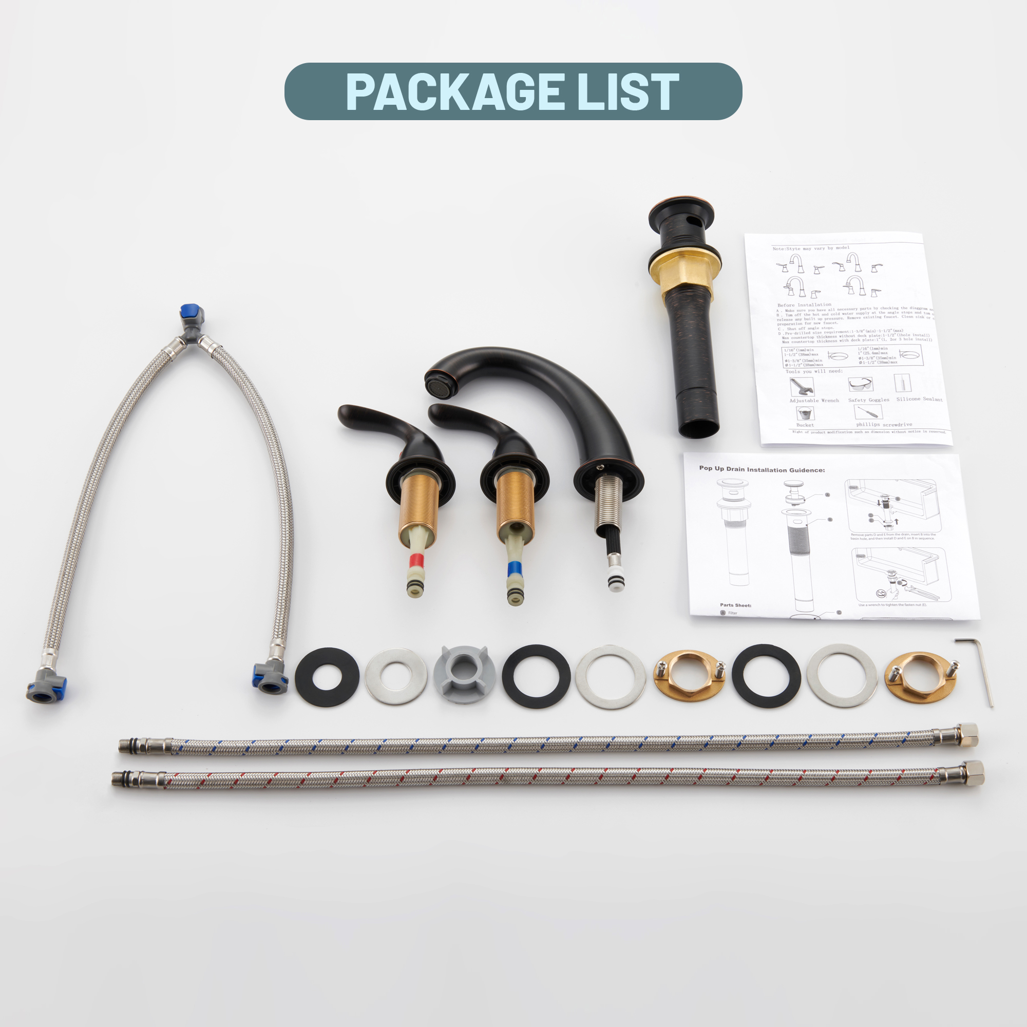 8 in. Widespread Double Handle Bathroom Sink Faucet 3 Hole with Stainless Steel Pop Up Drain in Brushed Nickel/Matte Black/Brushed Gold/Oil Rubbed Bronze