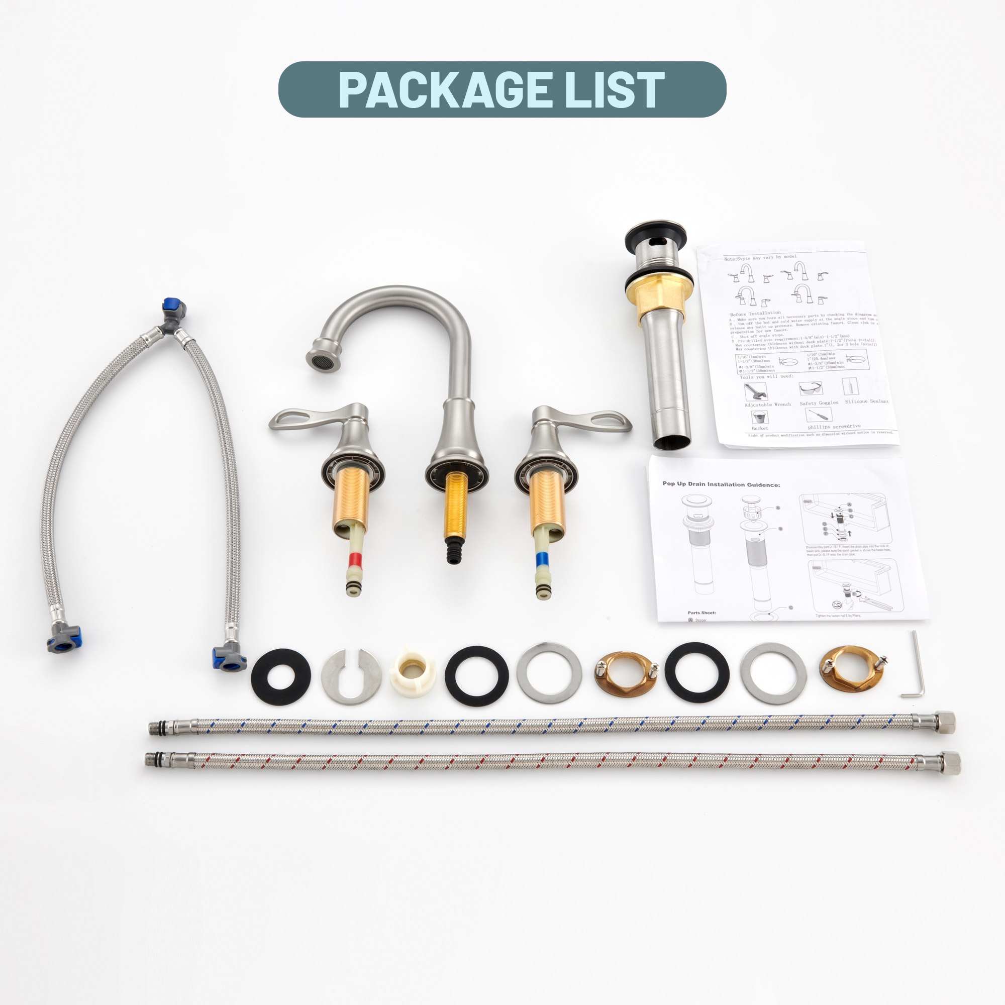 8 in. Widespread Double Handle Bathroom Faucet 3 Holes with 360° Swivel Spout, Stainless Steel Drain in Brushed Nickel/Oil Rubbed Bronze/Brushed Gold/Matte Black