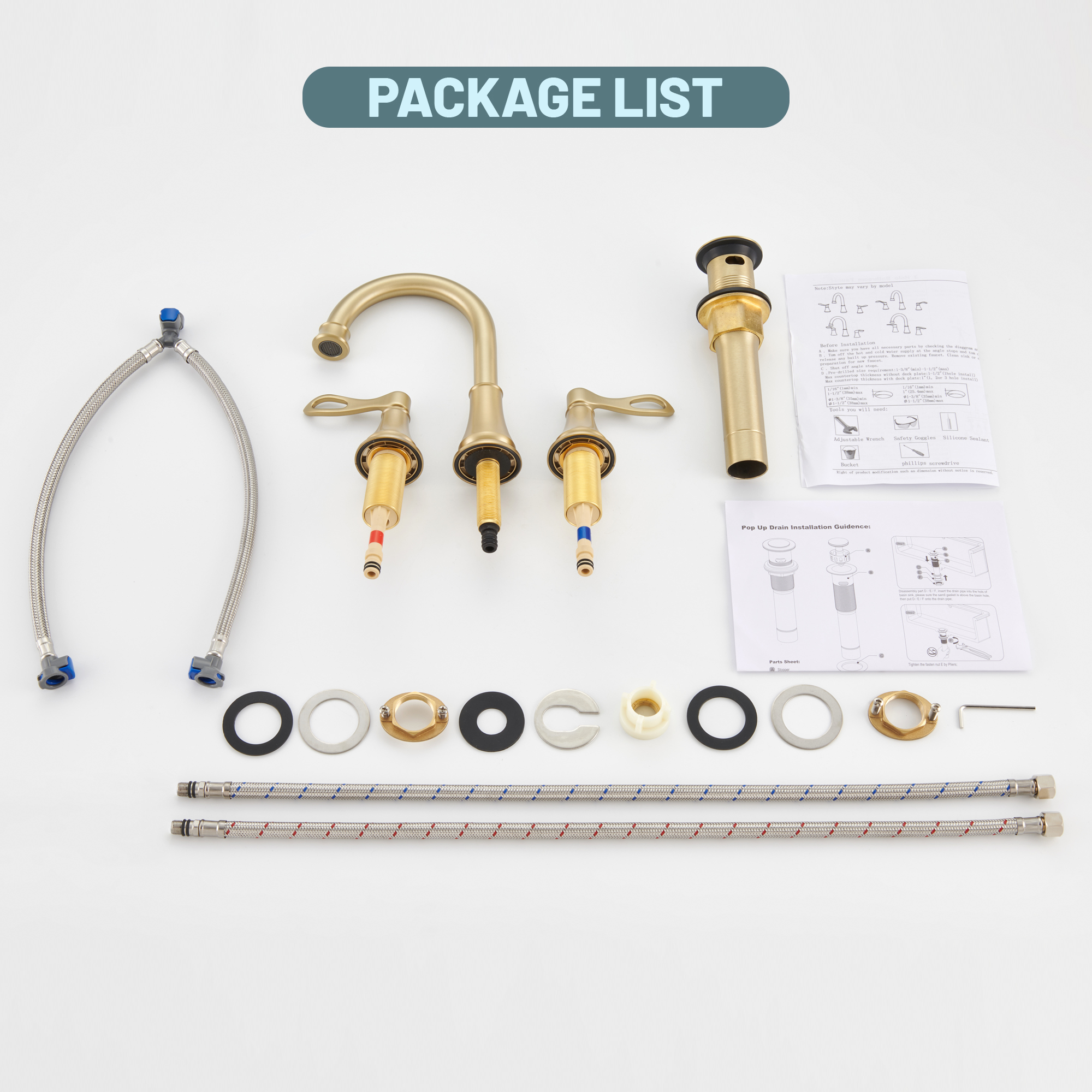 8 in. Widespread Double Handle Bathroom Faucet 3 Holes with 360° Swivel Spout, Stainless Steel Drain in Brushed Nickel/Oil Rubbed Bronze/Brushed Gold/Matte Black