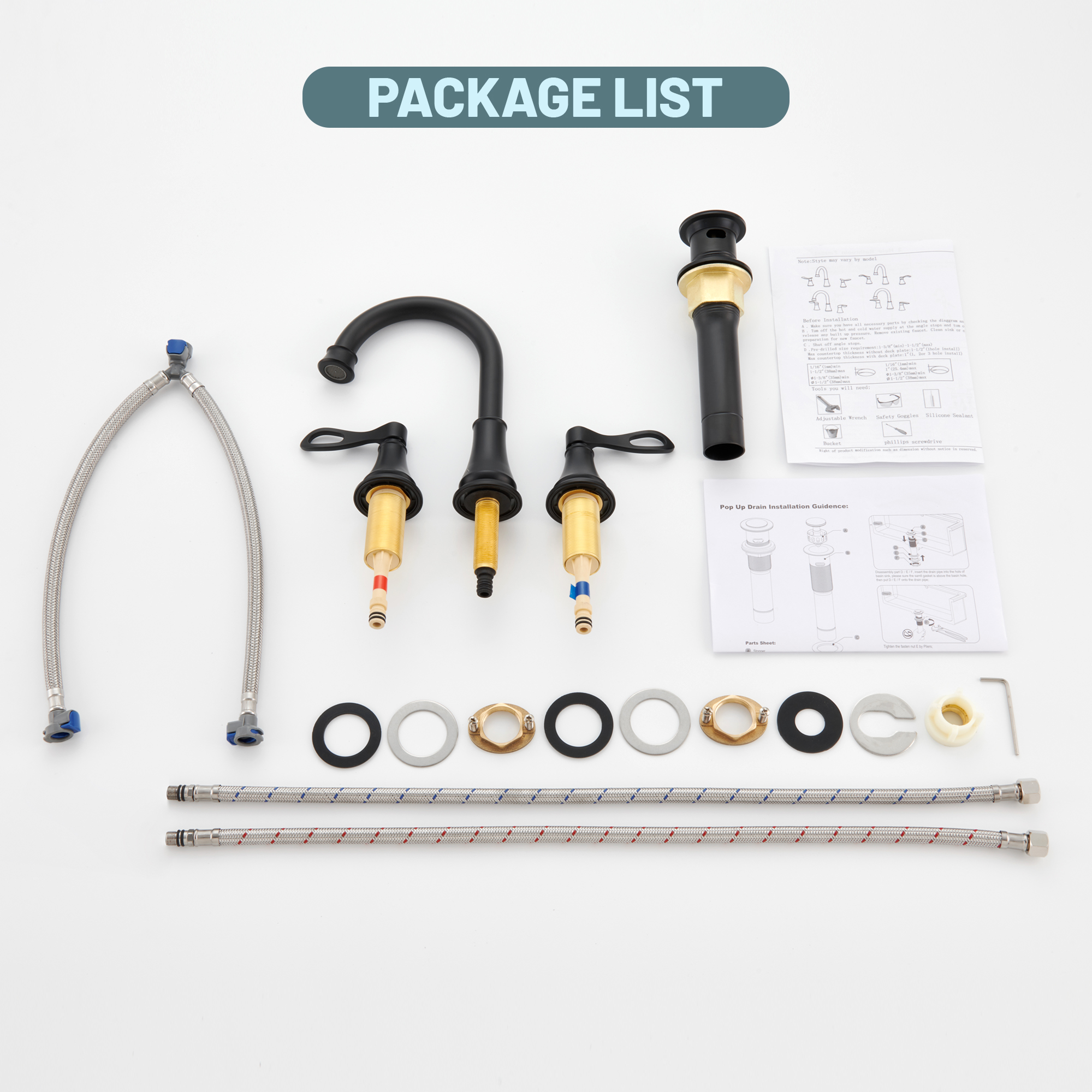 8 in. Widespread Double Handle Bathroom Faucet 3 Holes with 360° Swivel Spout, Stainless Steel Drain in Brushed Nickel/Oil Rubbed Bronze/Brushed Gold/Matte Black