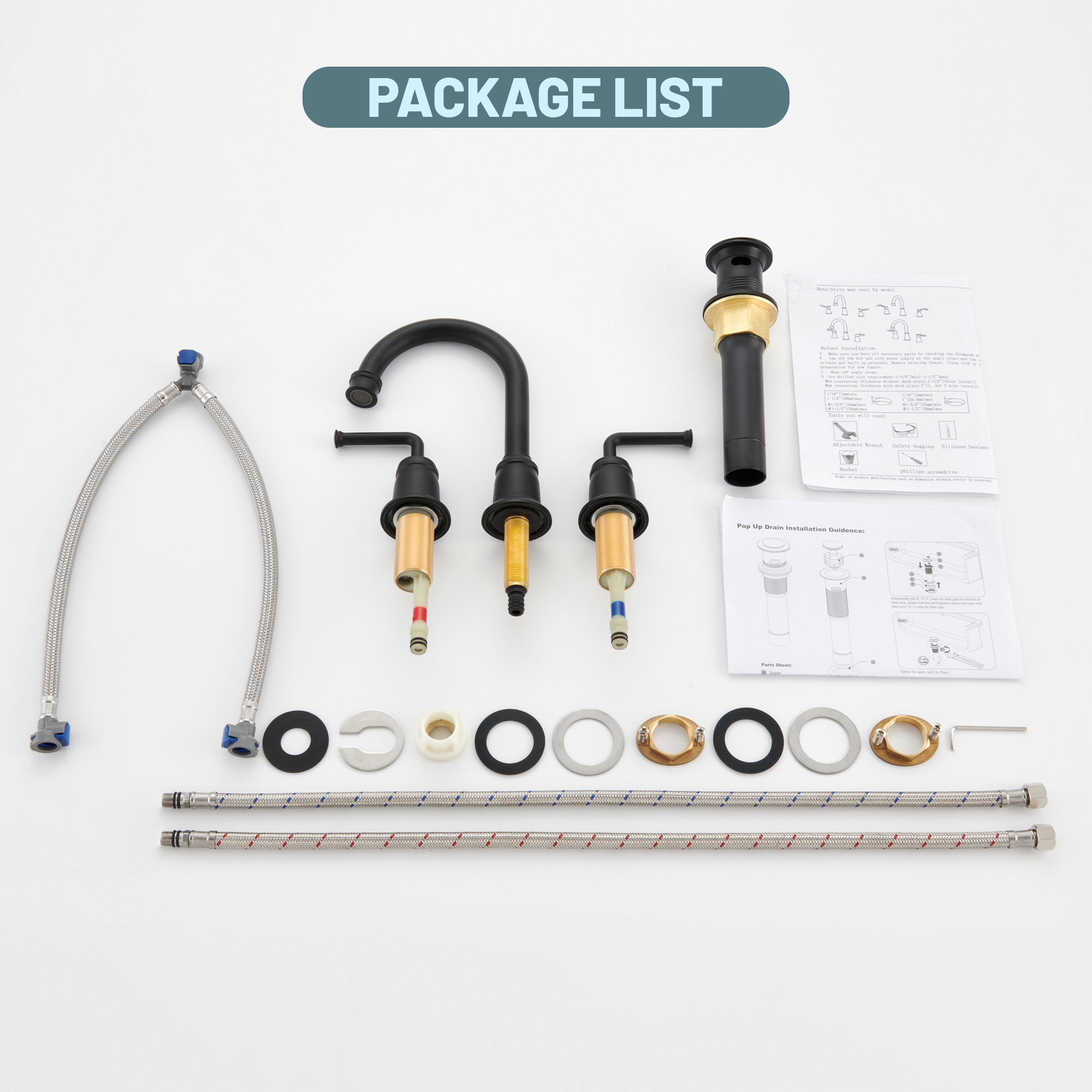 8 in. Widespread Double Handle Bathroom sink Faucet with 360° Swivel Spout, Stainless Steel Drain in Brushed Nickel/Oil Rubbed Bronze/Brushed Gold/Matte Black