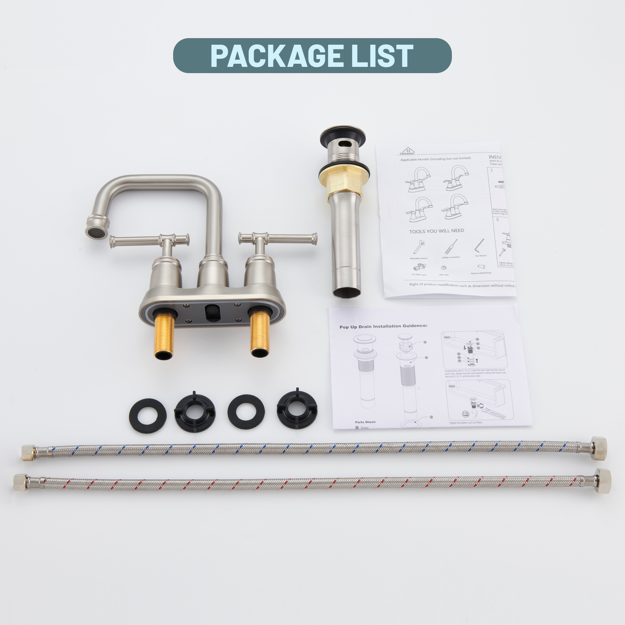 4 in. Centerset Double Handle 2 holes Bathroom Sink Faucet Lavatory Faucet with Stainless steel Drain in Brushed Nickel/Oil Rubbed Bronze/Brushed Gold/Matte Black